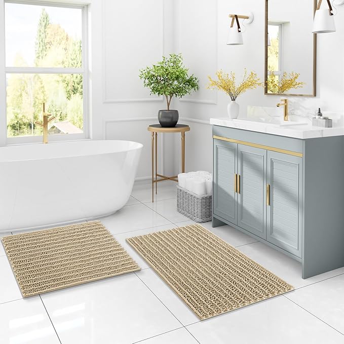 Arotive Luxury Chenille Bathroom Rug Mat, Extra Soft Thick Absorbent Shaggy Bath Rugs, Non-Slip Machine Wash Dry, Plush Bath Mats for Bathroom, Shower and Tub, 60x20, Beige