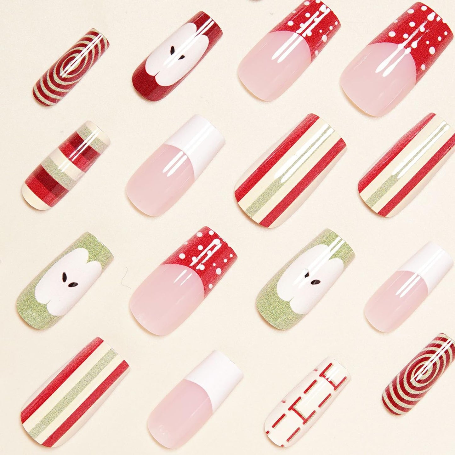 MISUD Press on Nails - Long Square Fake Nails with Red Green Apple, Acrylic Stripe French Tip Design 24 pcs