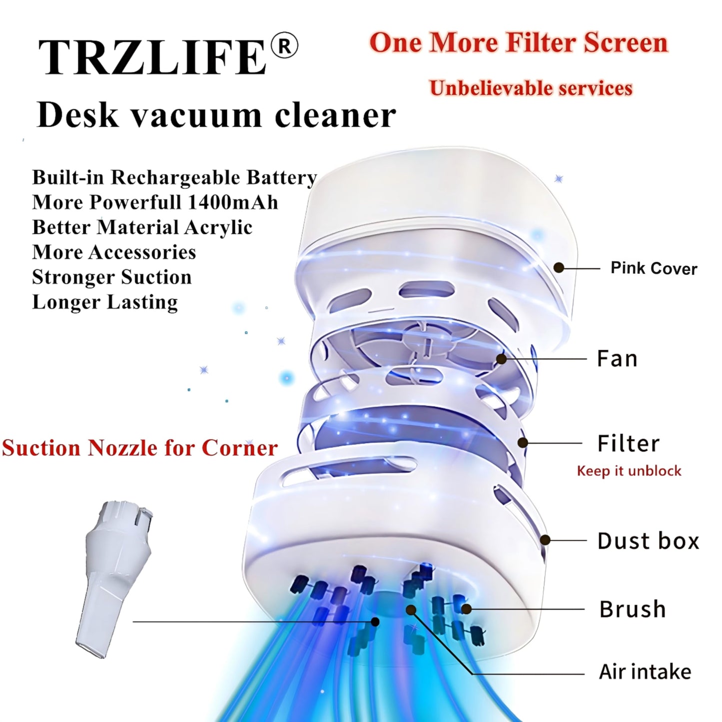 TRZLIFE USB Rechargeable Mini Desk Crumb Vacuum, Portable Cordless Desktop Cleaner for Keyboard, Desktop, Countertop, Drawer, Ideal Office Accessory, Pink