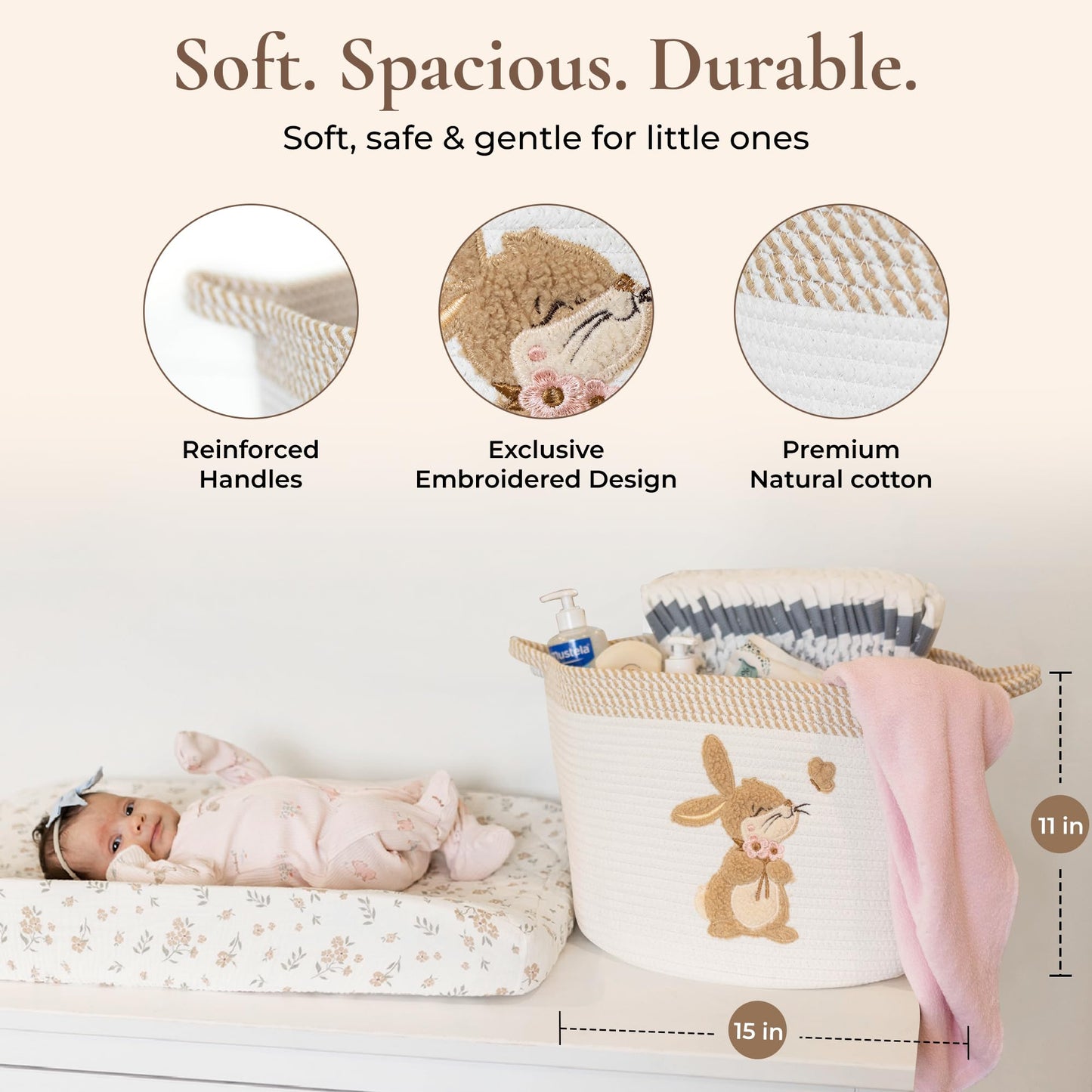 Bunny Storage Basket for Nursery – Large 15"x11" Cotton Rope Bin with Soft Embroidered Bunny Patch – Toy Organizer, Baby Laundry Hamper, Blanket & Diaper Holder – Foldable, Washable & Baby-Safe