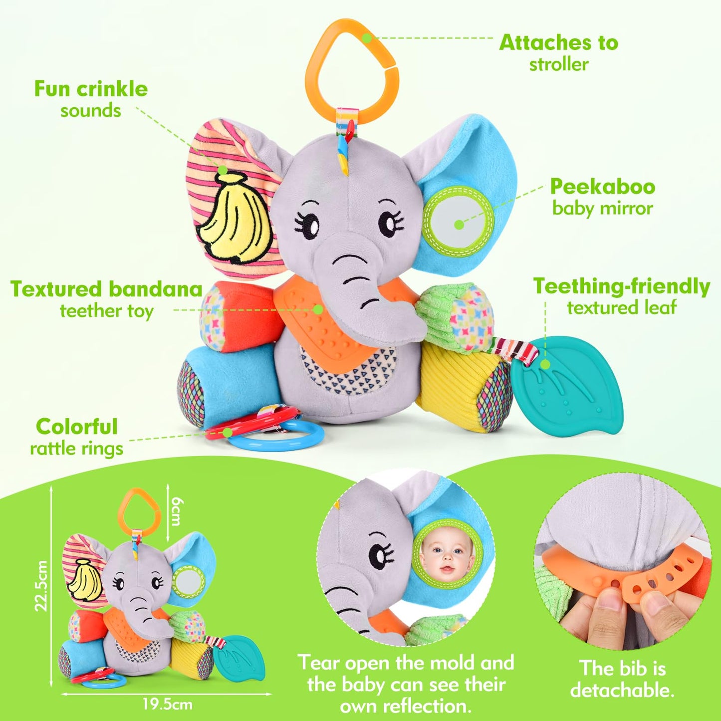 CaftyMids Baby Toys 0-6-12 Months: Elephant with Detachable Touch-Sensitive Sound Box (30 Sounds), Removable Bib, Teether, Rattle, BB Squeaker, Mirror | Attaches to Strollers, Car Seats, Carriers