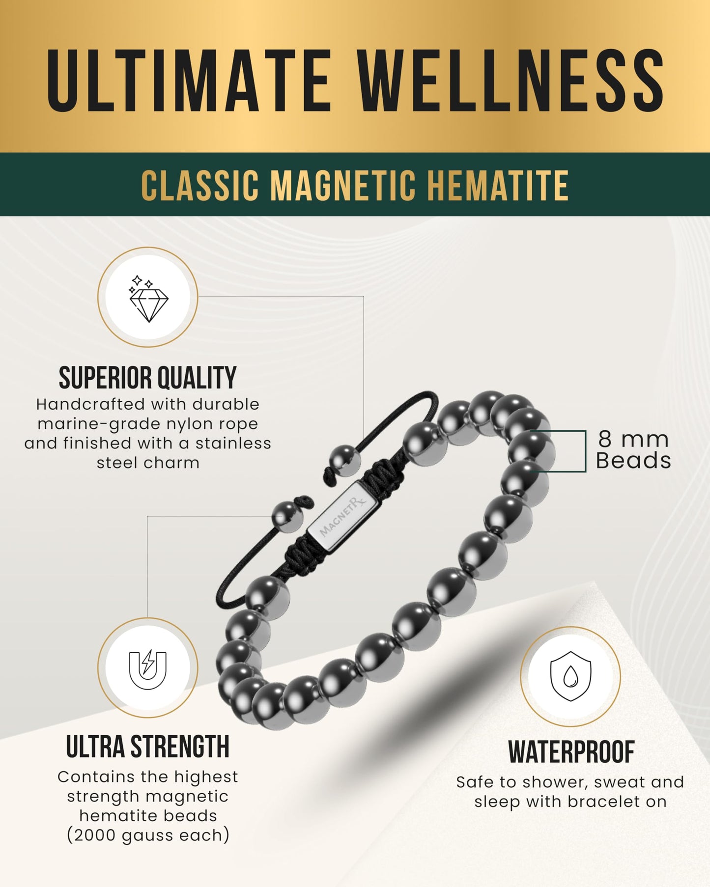 MagnetRX® Hematite Magnetic Bracelet - Max Strength Magnet Stones - Beaded Magnetic Hematite Bracelets (Classic 8mm Bead)