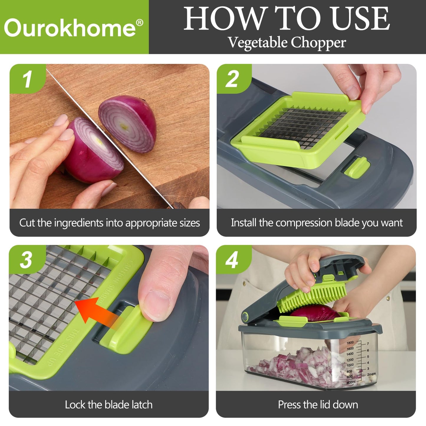 Ourokhome Food Chopper Manual Hand with Container, Mandolin Vegetable Slicer Onion Dicer with 8 Blades, Veggie Shredder for Potato, Tomato, Essential Kitchen Gadgets (8 in 1, Gray)