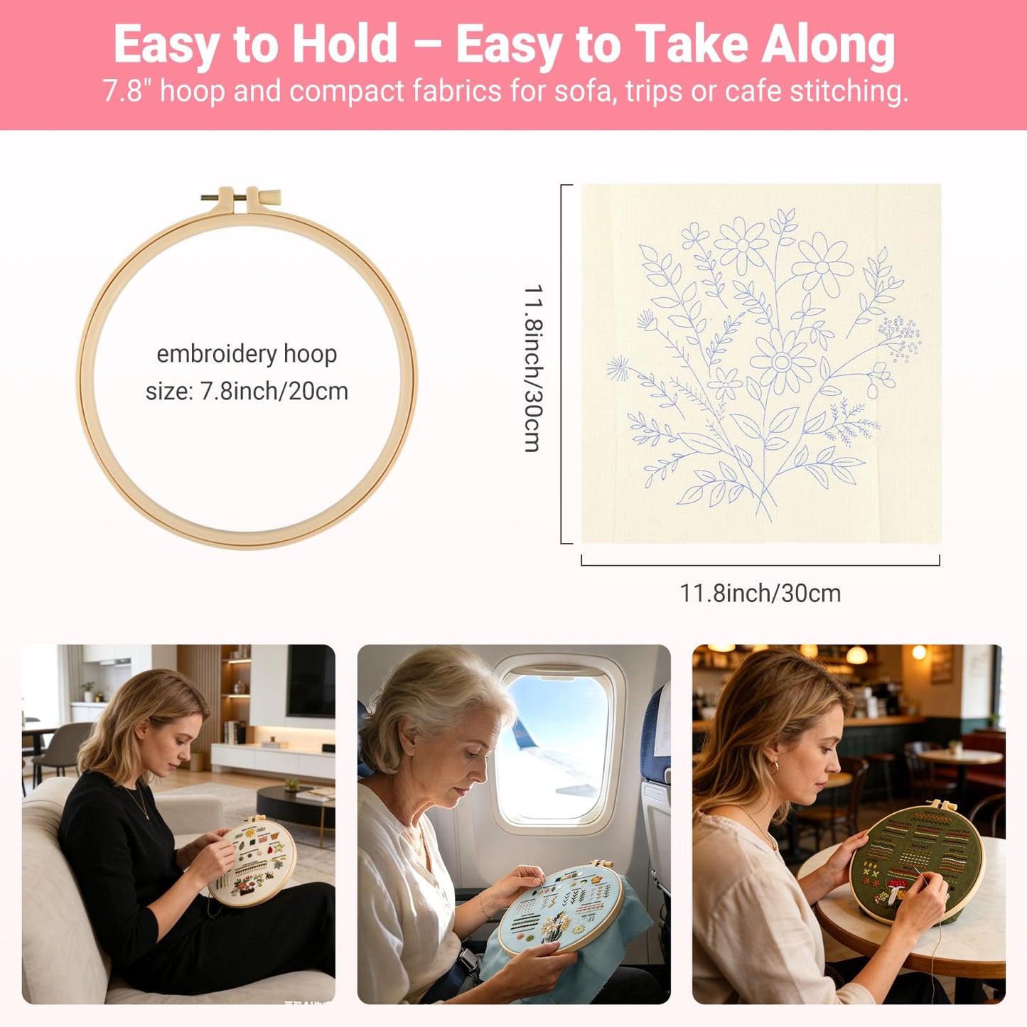 ZenHues Embroidery Kit for Beginners Adults with Level 0 Practice Sampler, 5 Pre-Printed Patterns & Video Tutorials with 7.8" Hoop, Learn 30+ Stitches, DIY Needlework Craft Gift for Women