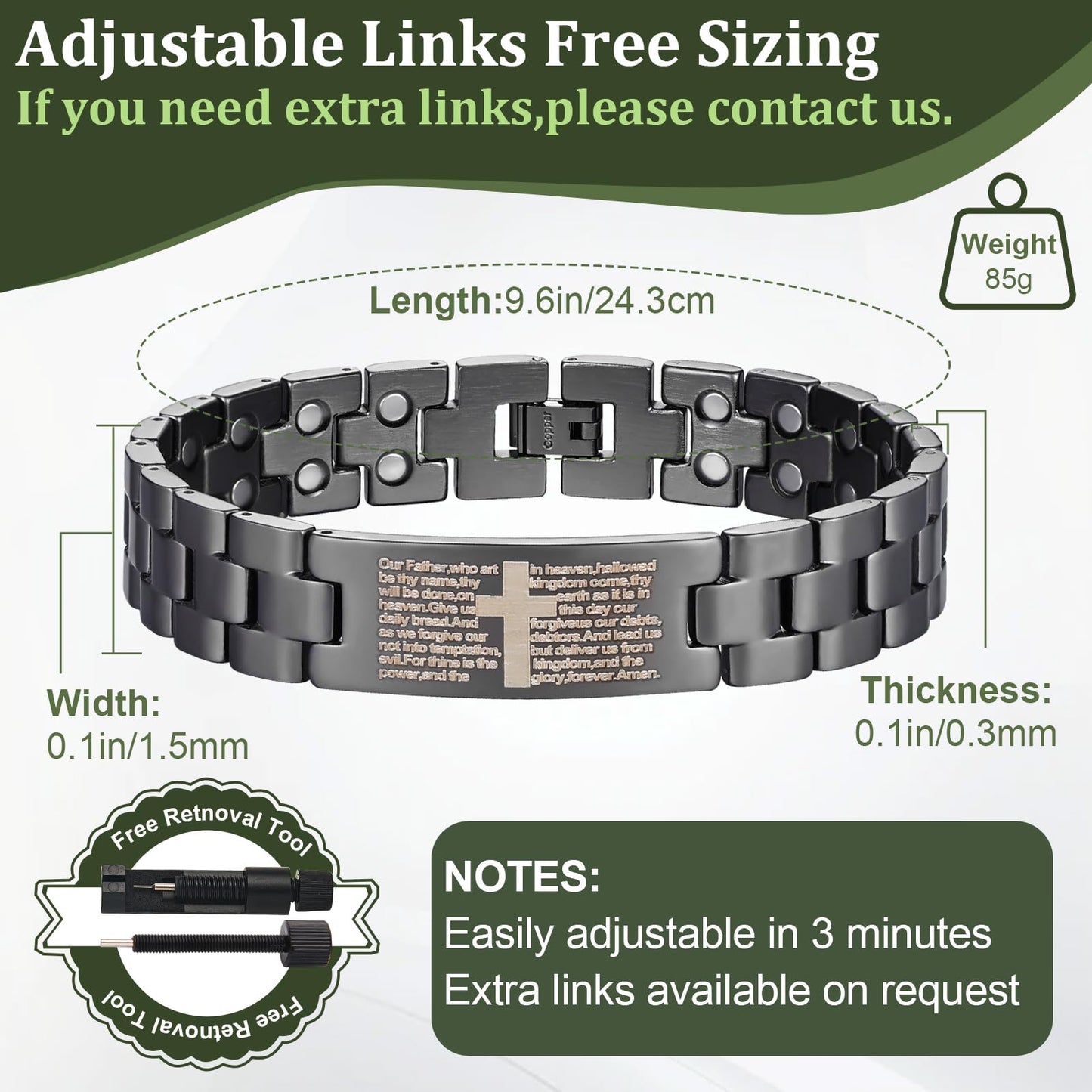 Fashtour Copper Magnetic Cross Bracelet for Men - Ultra Strength Magnetic Mens Cross - With Size Adjustment Tool (Copper CB184U)