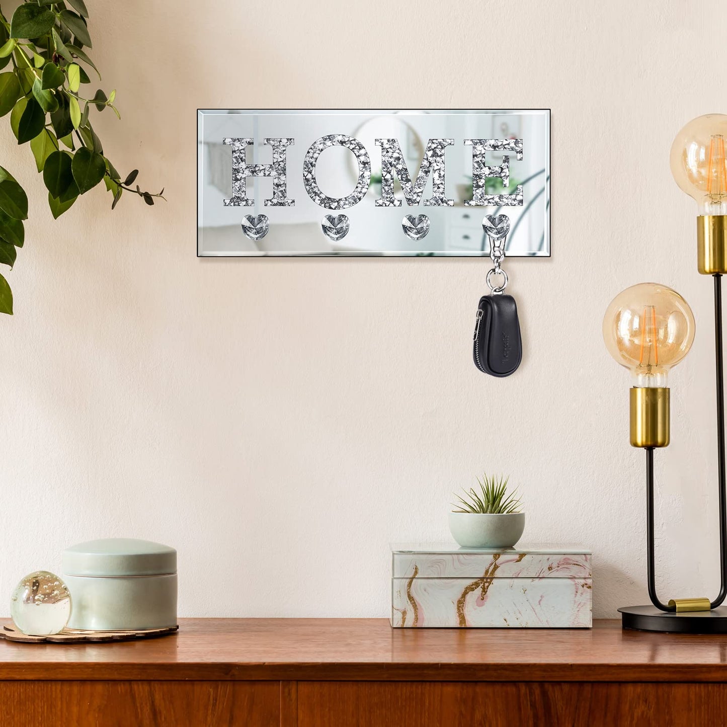 Yalikop Keys Holder on Wall Crush Diamond Mirrored Home Letter Plaque Sign Wall Mounted Clear Heart Shape Hooks Key Hanger Christmas Gift Door Bookshelf Decorative