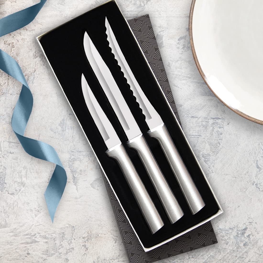Rada Cutlery Cooking Essentials Gift Set (S49), 3-Piece Knife Set with Quick Edge Sharpener (R119), Stainless Steel Blades, Silver Handle