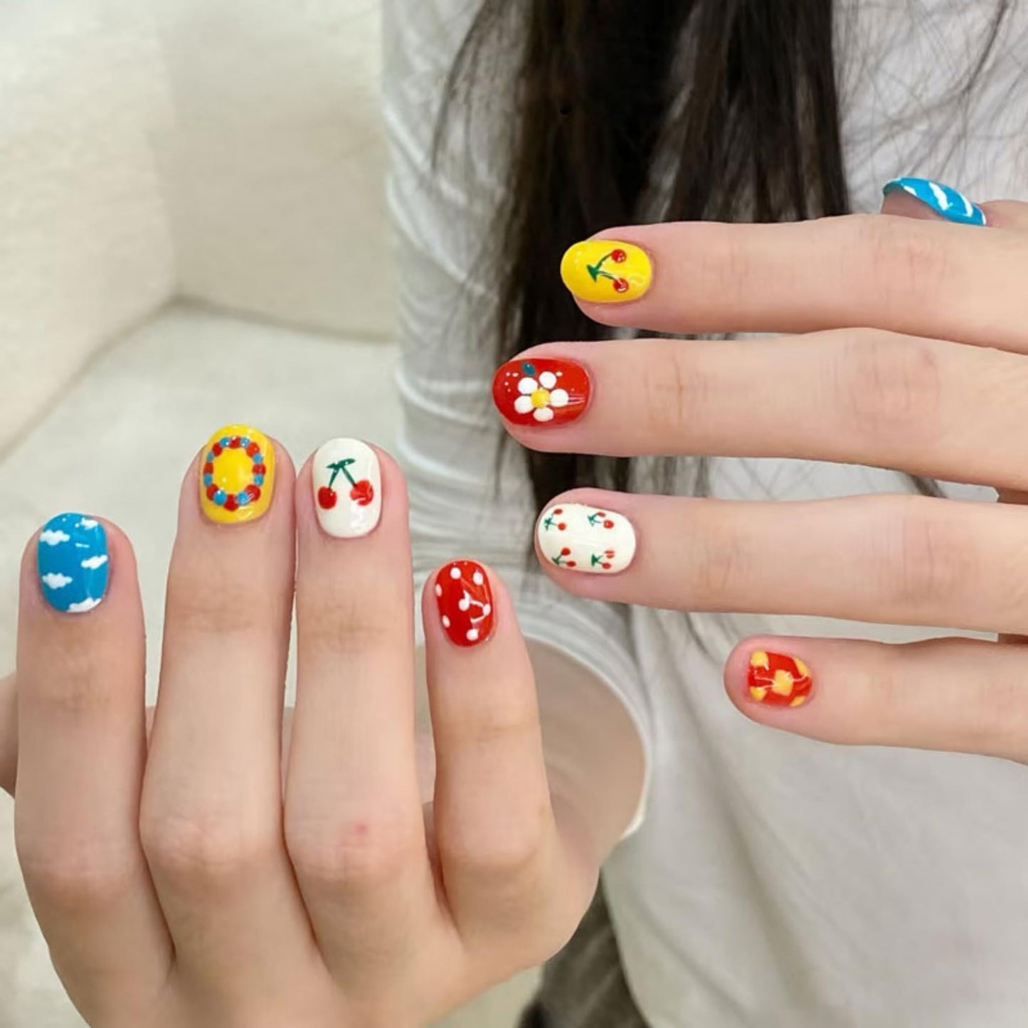 Short Press on Nails Almond Fake Nails Red Artificial Nail Multicolor Spring Cute Stick on Nail for Women 24pcs
