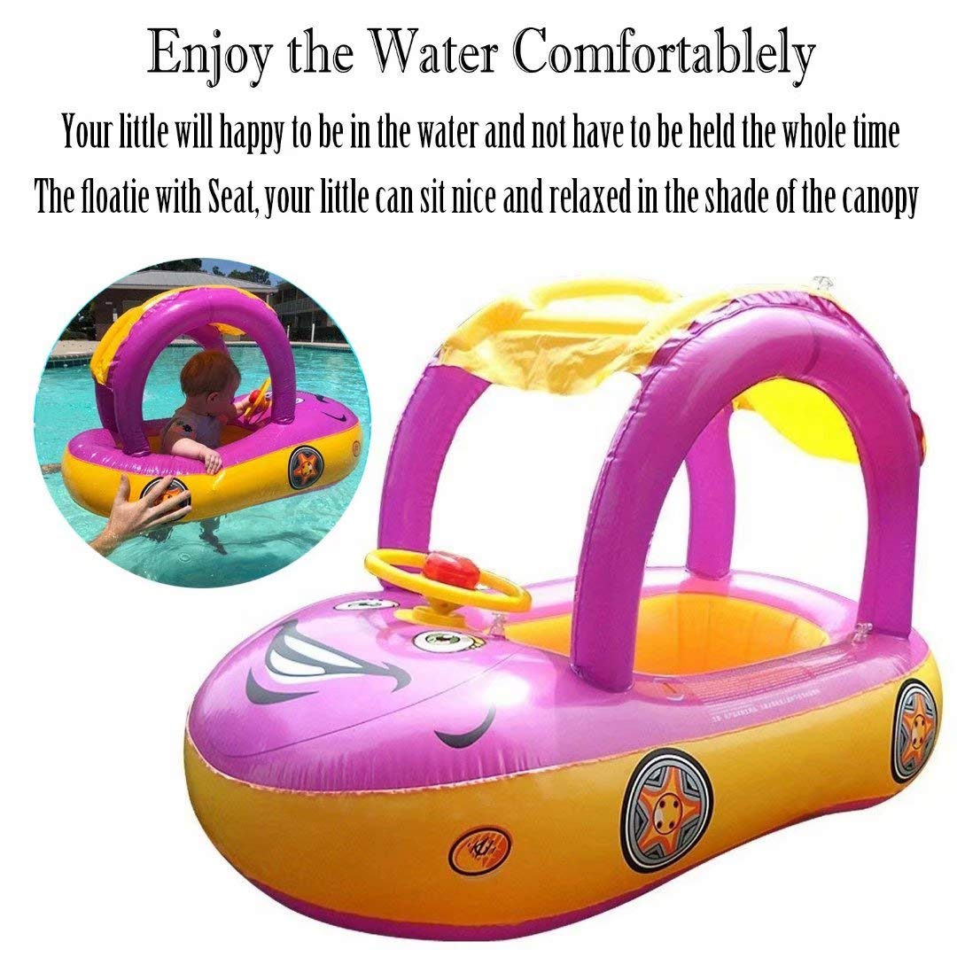 Baby Pool Float with Canopy Summer Steering Wheel Sunshade Swim Ring Car Inflatable Toys Infants Float Seat Boat for Kids Toddlers…