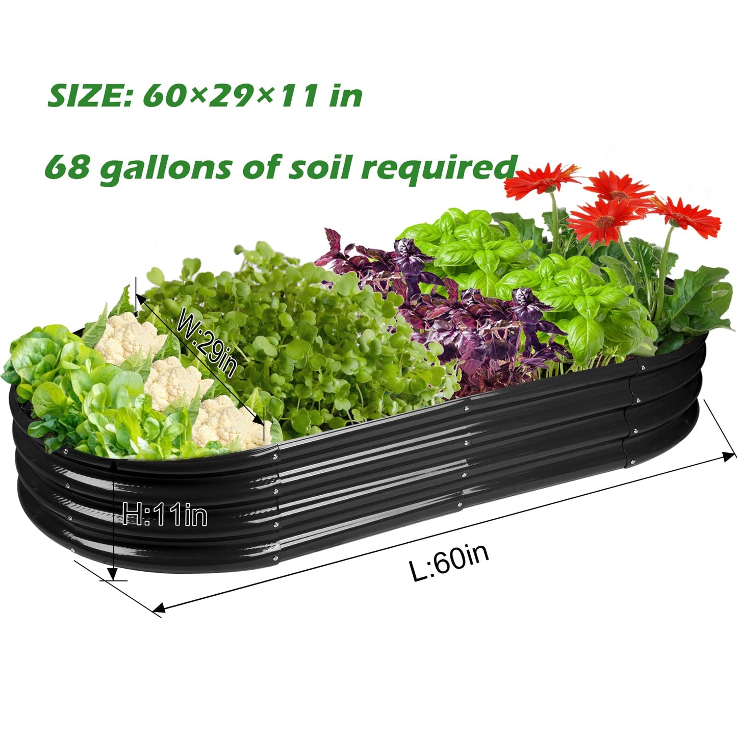 Rakukiri Raised Garden Bed GRS Certified Galvanized Planter Box Outdoor, 5ft Oval Rot-Resistant Metal Garden Bed Planter, Recycled Material Planter for Vegetables Flowers Herbs (Black)