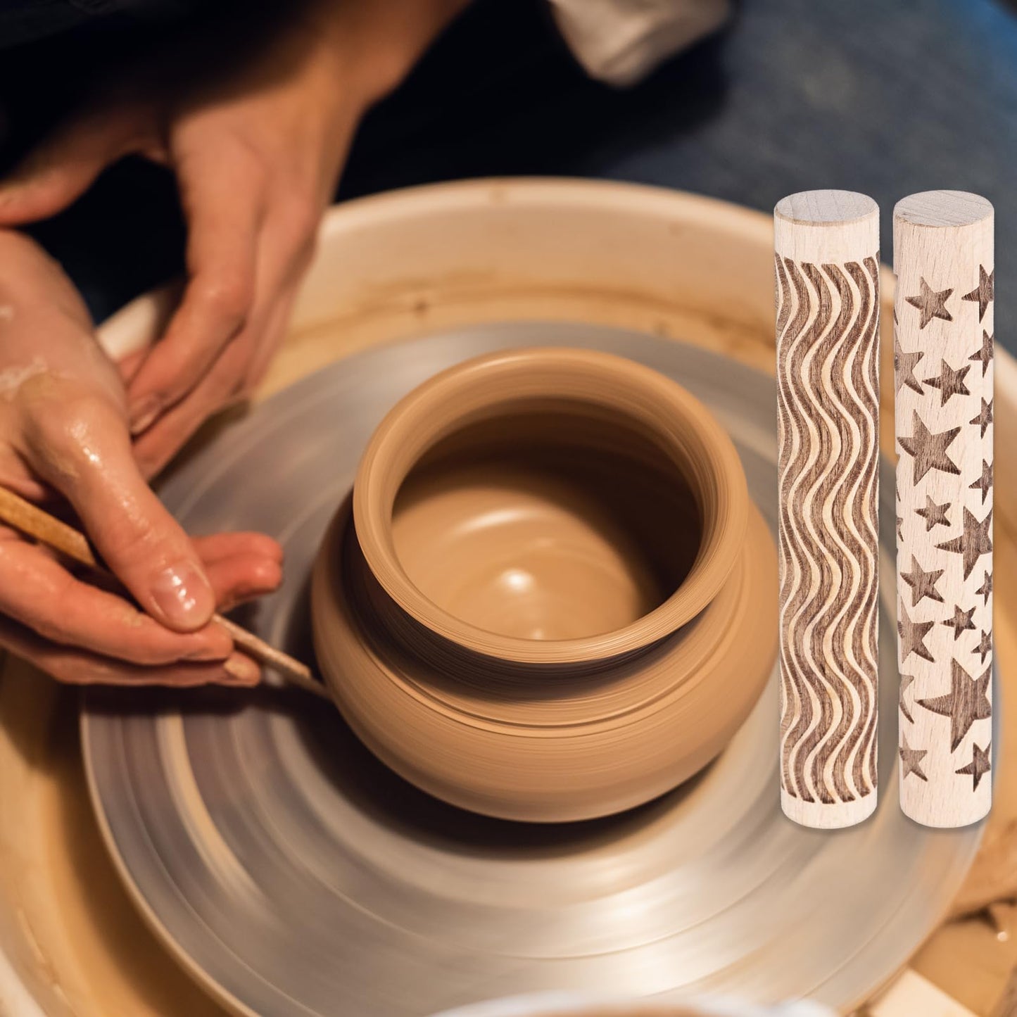 HARFINGTON 5pcs Wood Clay Roller 4"Lines Flower Paw Print Hexagon Star Pattern Rolling Pins Pottery Tools Wood Grain Texture Rollers for Clay Baking Dough Playdough DIY