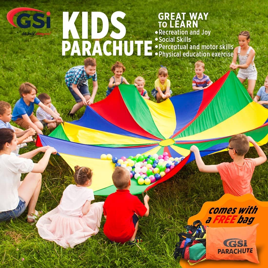 GSi Kids Play Parachute Rainbow Parachute Toy Tent Game for Children Gymnastics Cooperative Play and Outdoor Playground Activities (35 Feet)