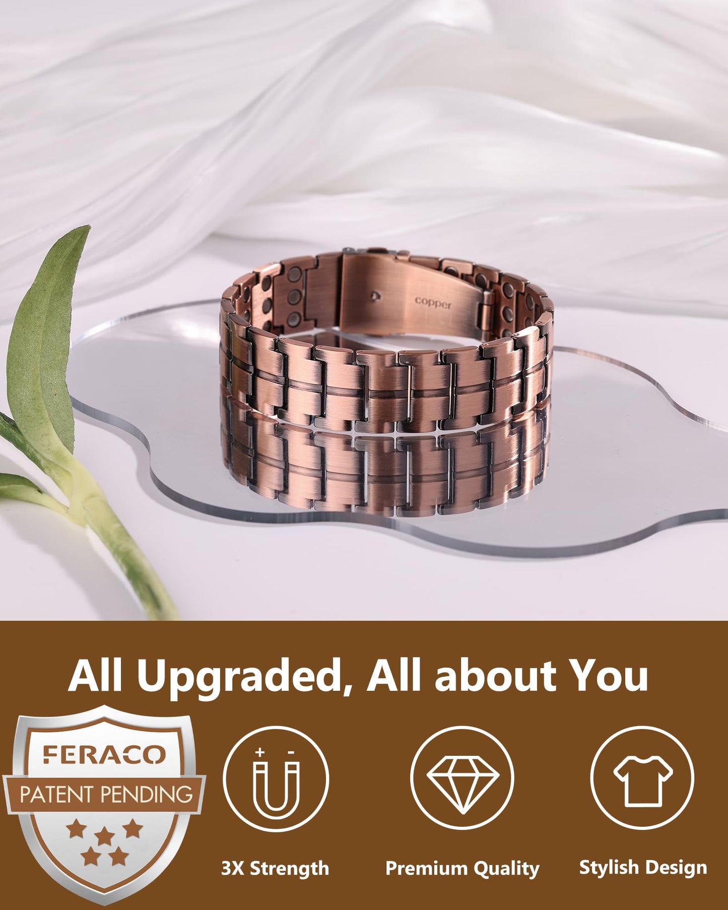 Feraco Copper Bracelet for Men 3X Strength,Magnetic Therapy Bracelet Copper Jewelry with Powerful 3800 Gauss Magnets