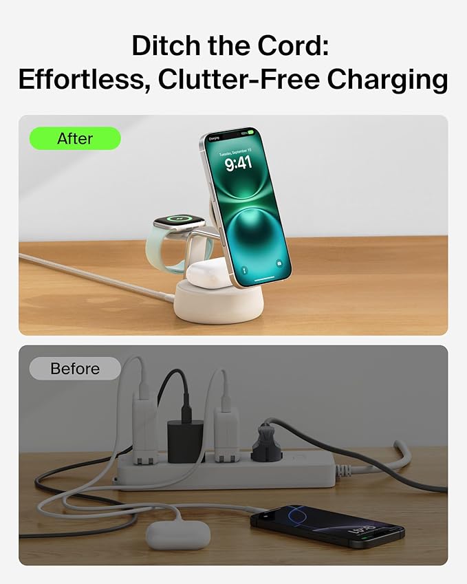 Belkin MagSafe Charger Compatible, 3-in-1 Charging Station, Qi2.2 25W w/Cooling Fan (On/Off Control) Magnetic Wireless Charger for iPhone 17, Apple Watch, AirPods, Pixel 10 (45W Adapter Included)