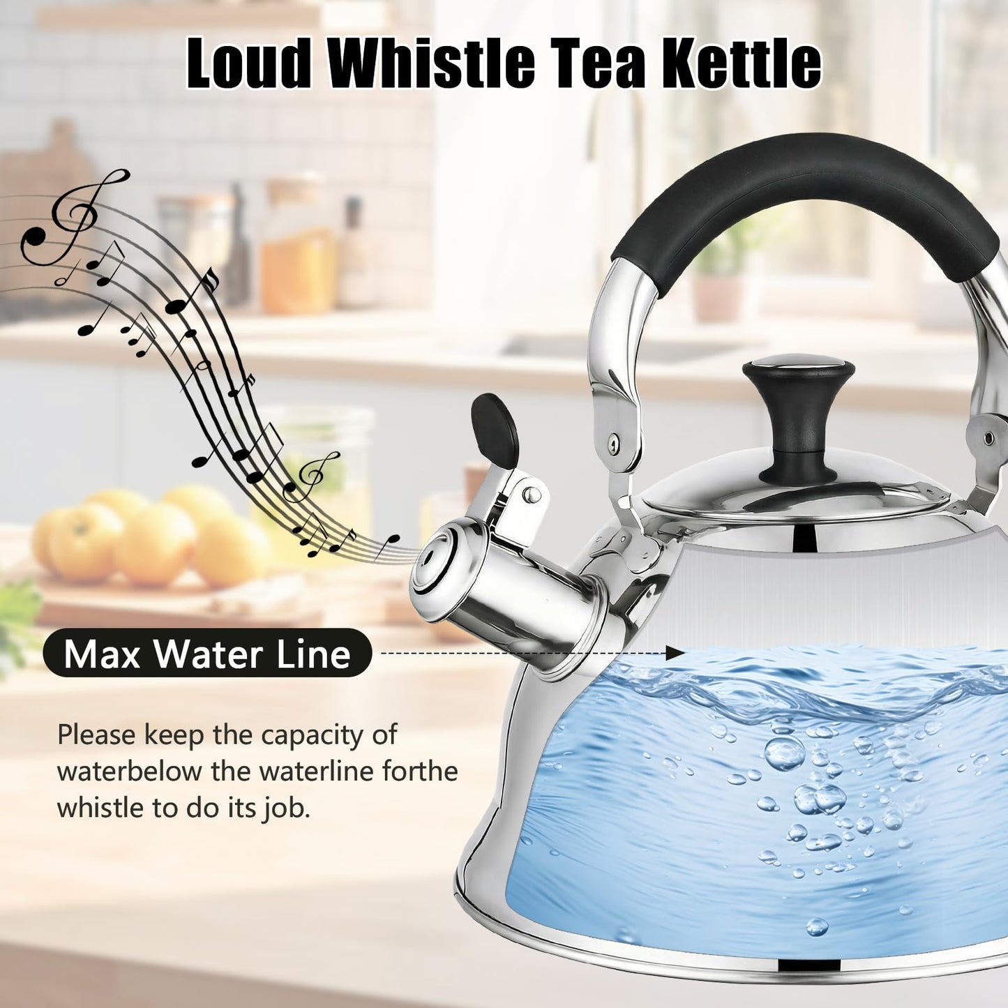 Tinlon Enamel Stainless Steel Whistling Tea Kettle Stovetop - 3.1QT Tea Top Mirror Finish, 304 Stainless Interior, Foldable Handle, Fast Heating for Tea, Coffee & Gifts