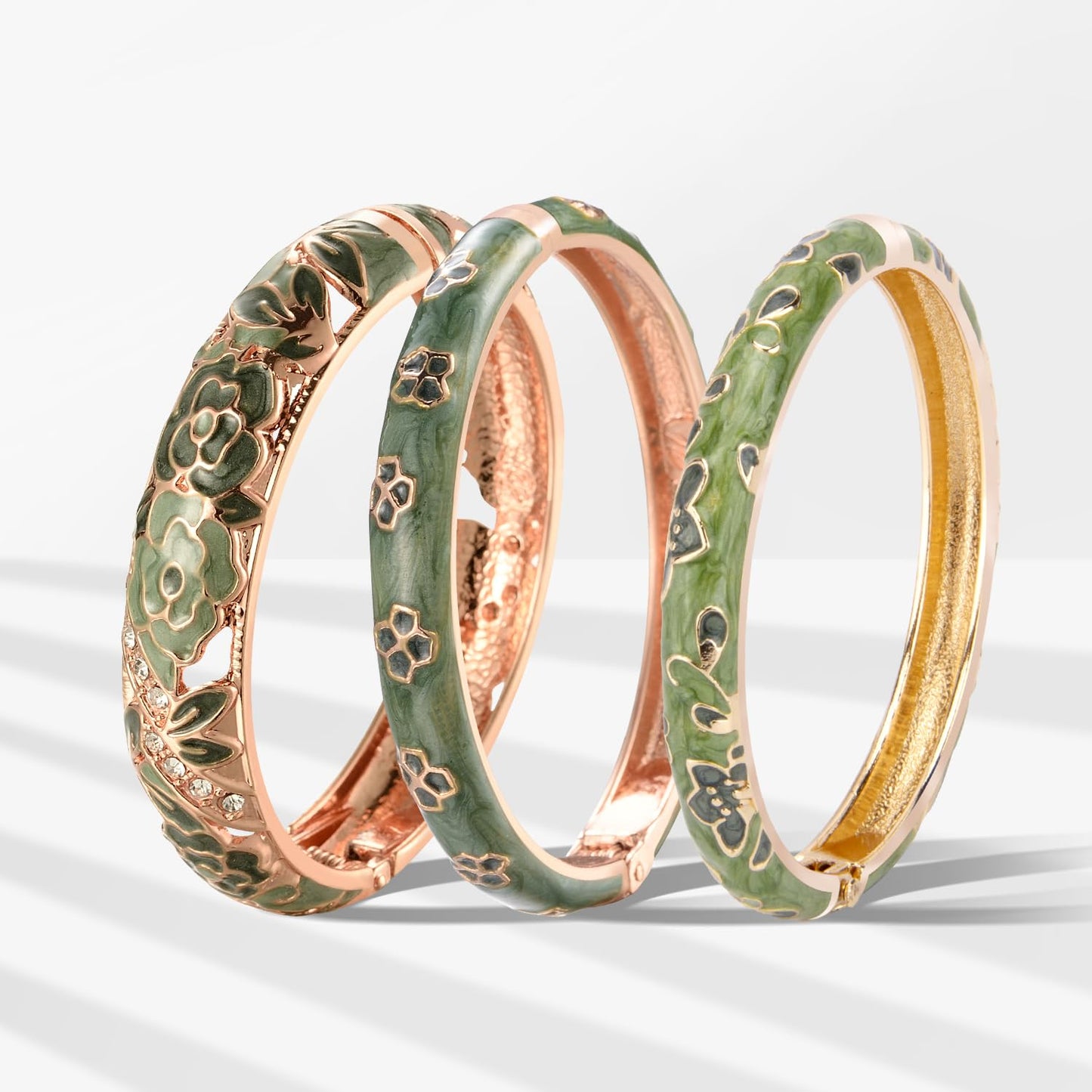 UJOY Women Cloisonne Bracelet Multi-colors Rhinestone Flower Hollowed Enameled Gold Hinged Cuff Bangles Jewelry Gift 88C06 3pcs green