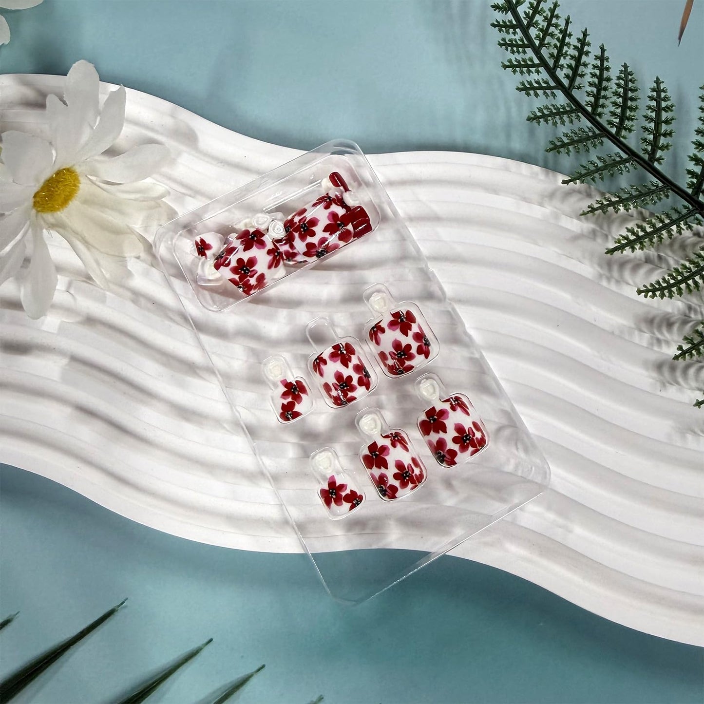 Red Flower Press on Toenails Short Square Fake Toe Nails Spring Summer Toe Nail Press ons Acrylic False Toenails Glossy Full Cover Stick on Toes for Women Manicure 24Pcs