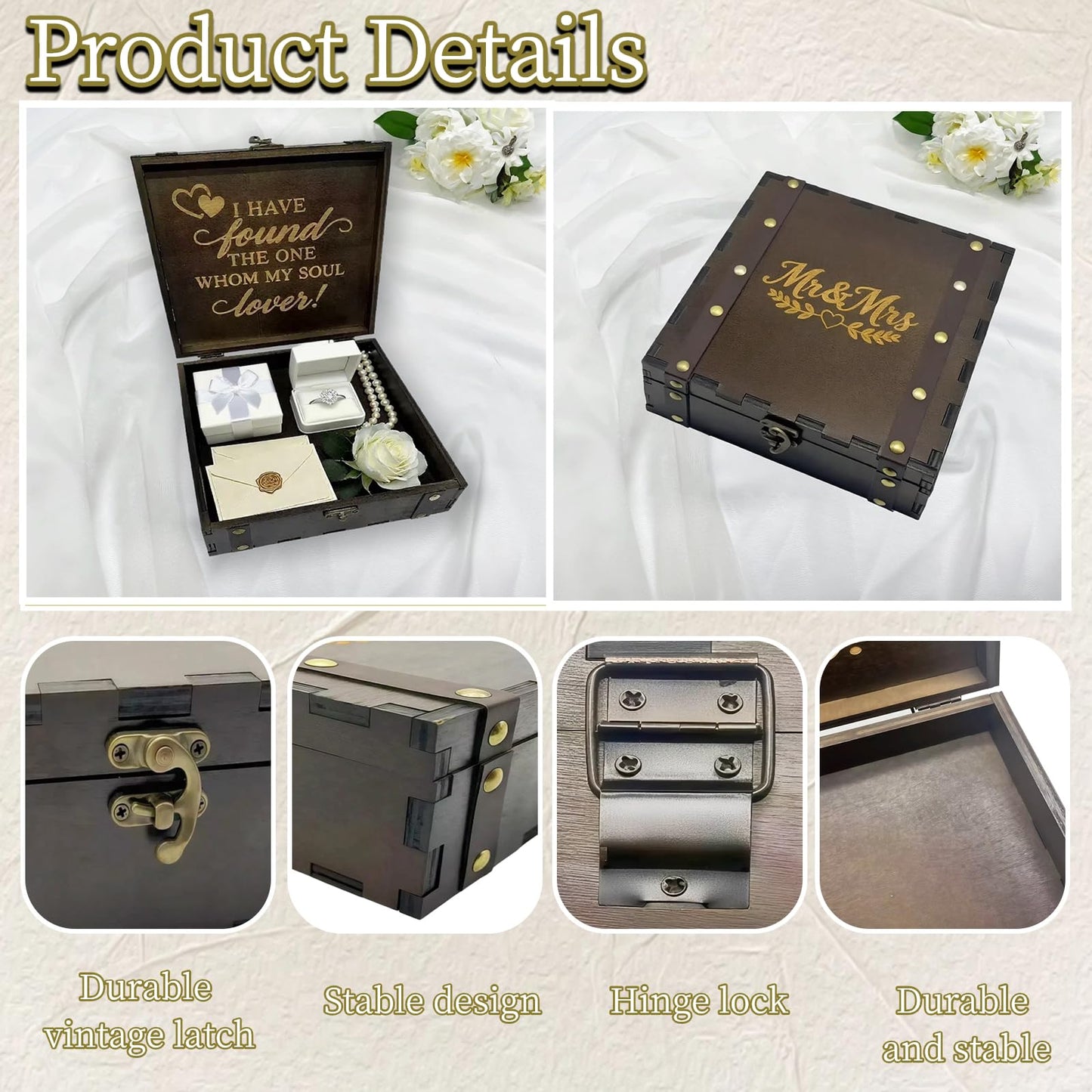 Flasunire Vintage Mr & Mrs Wedding Memory Box with Heart Design - Romantic Engraved I Have Found The One Wooden Keepsake Chest, Bridal Shower Gift for Couples 7.8x7.8x2.9 inch