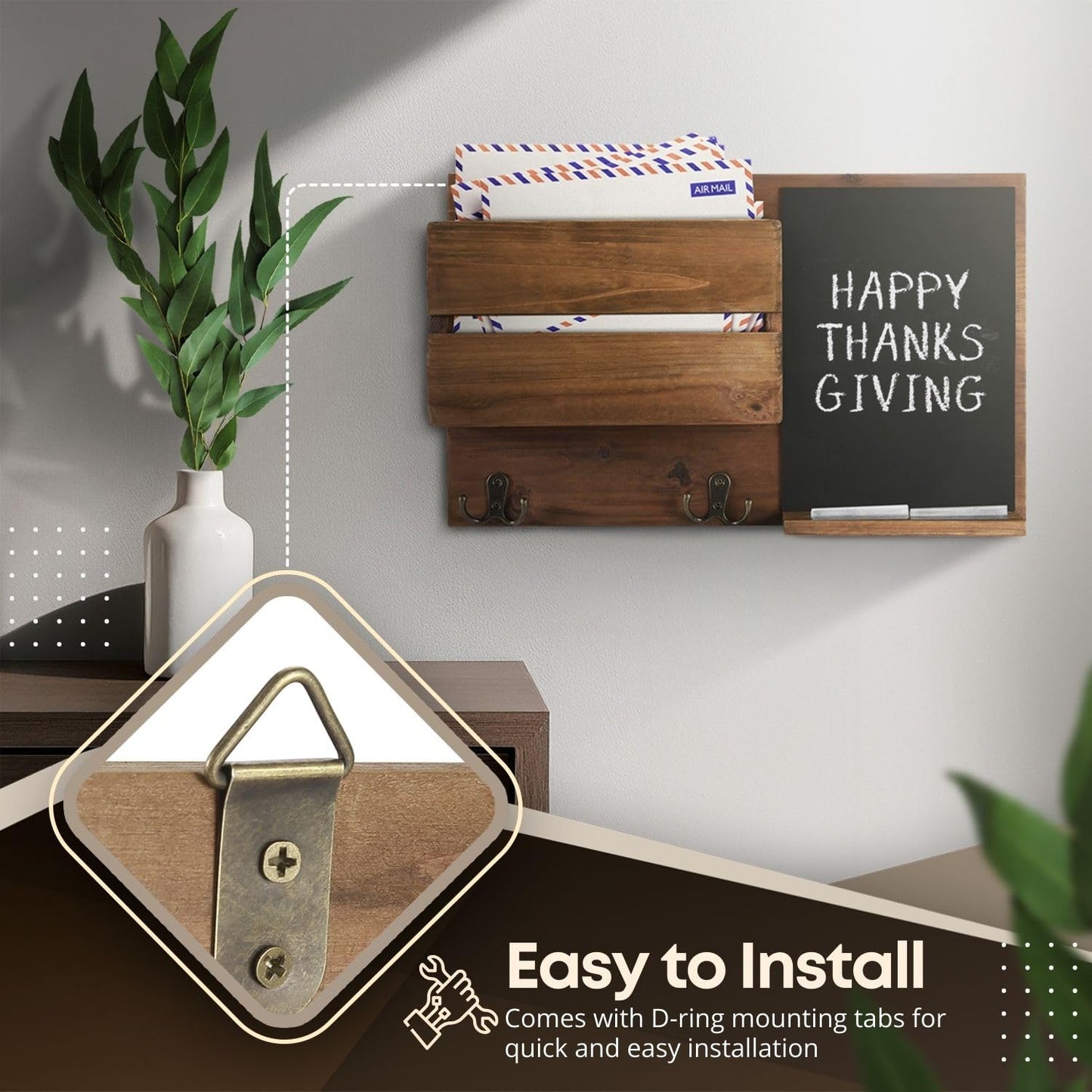 Flexzion Rustic Wood Entryway Mail Sorter Holder, Wall Mount Mudroom Storage Organizer with Blackboard Chalkboard Memo Board Message Sign & Key Hook Rack/f Front Door Furniture Accessory Home Office