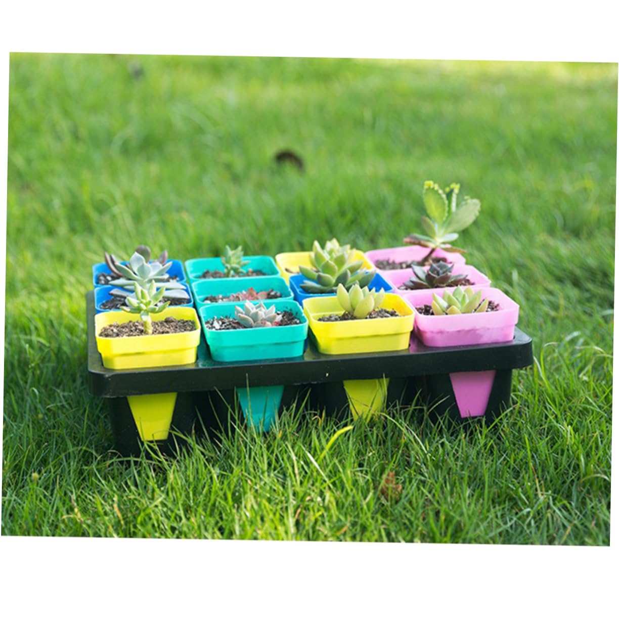 MERRYHAPY 3pcs Plastic Flowerpot Tray with Compartments Breathable Water-Storing Succulent Holder Bracket for Indoor Plants Planter Support Black