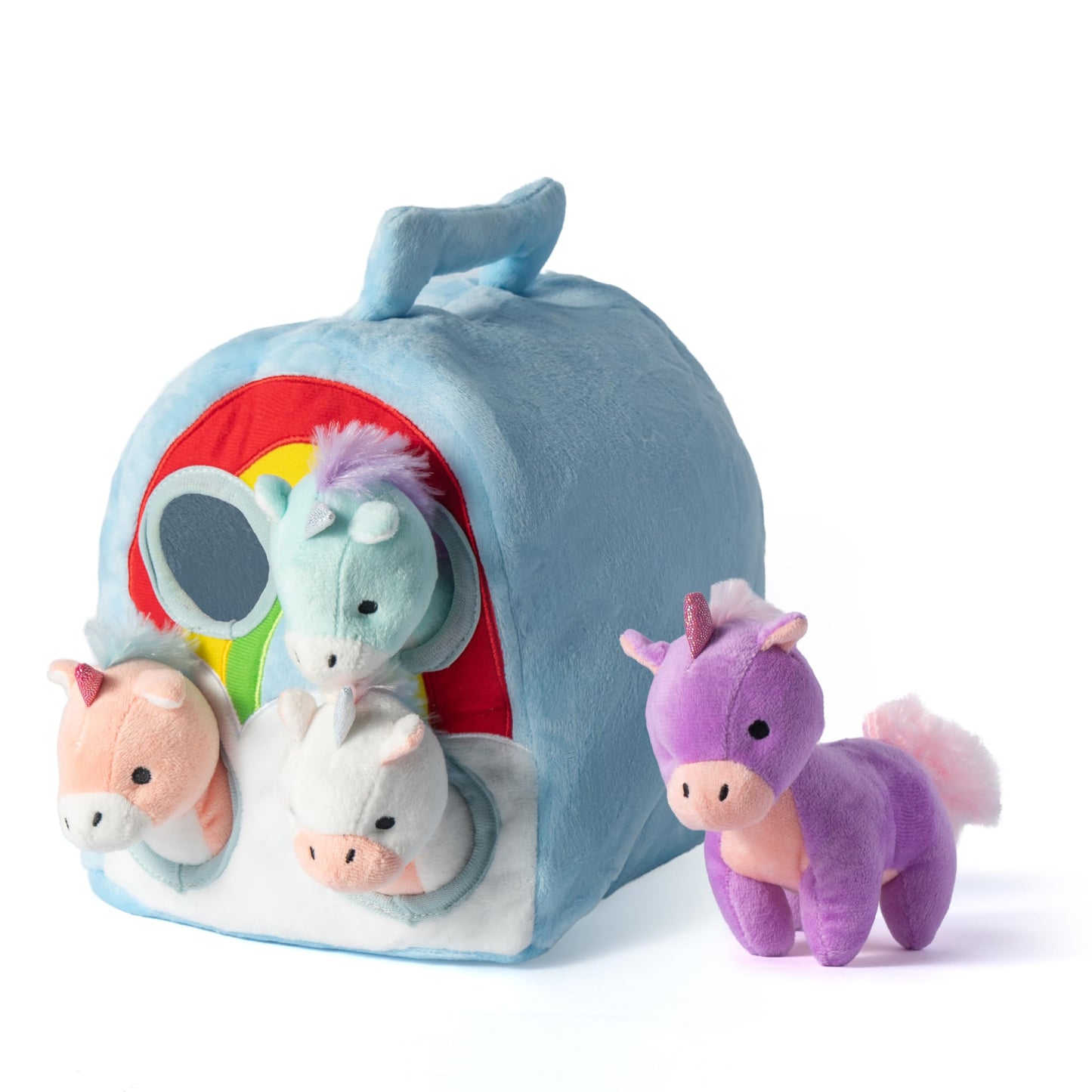 Hopearl Magic Unicorn House Interactive Plush Toy Set Fun Playhouse for Toddlers Early Learning Educational Gift for Kids Cute Pony Hide & Seek Game, 11''