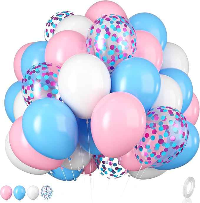 Pink and Blue Balloons Set, 12 Inch Pastel Pale Blue Pink Confetti Latex Balloons, Light Blue Pink White Balloon Kit for Boy or Girl Gender Reveal Party Birthday Baby Bridal Shower Decorations
