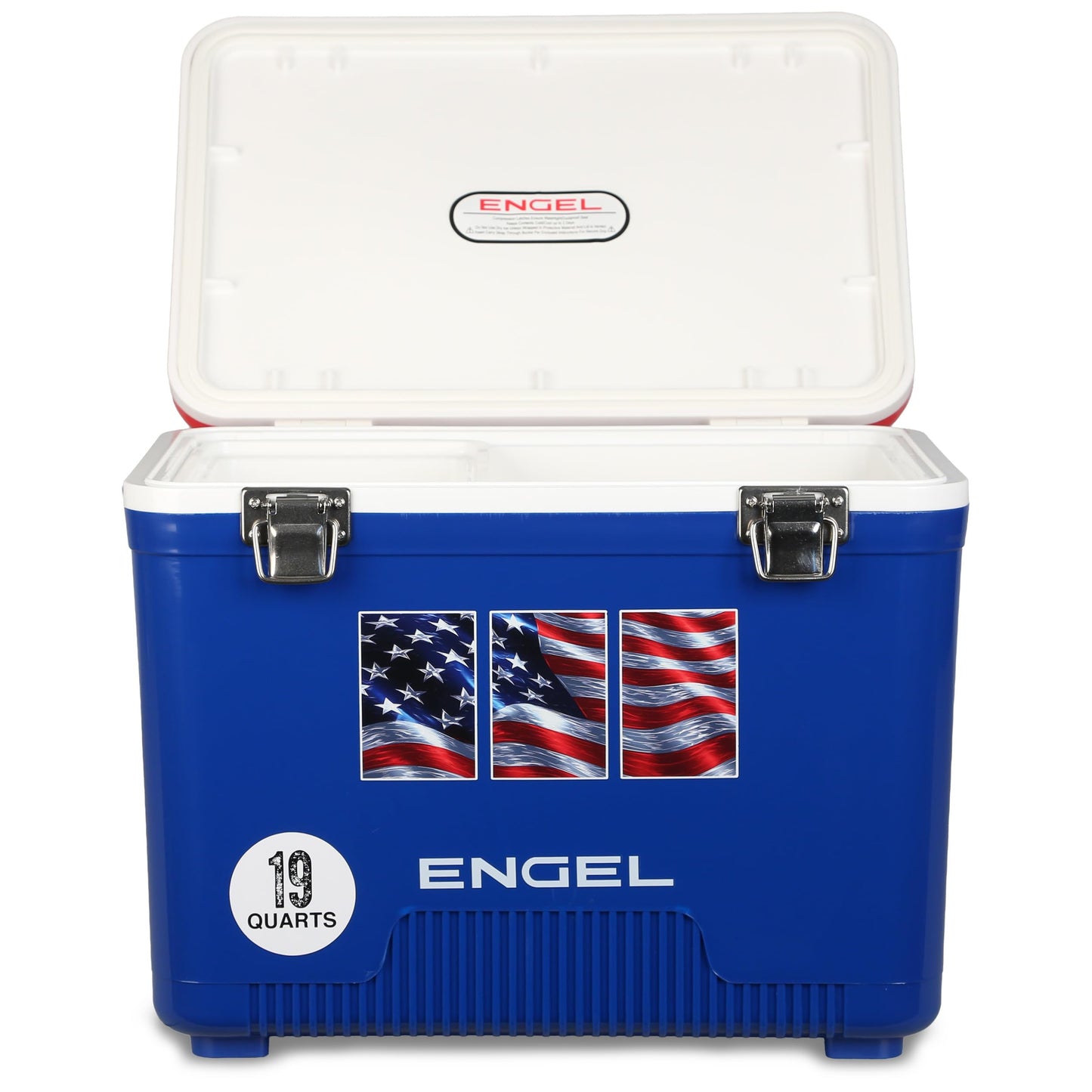 Engel UC19-RWB 19 Quart Fishing Live Bait Dry Box Ice Cooler with Stain/Odor-Resistant Surface and Shoulder Strap, USE Red, White and Blue with American Flag
