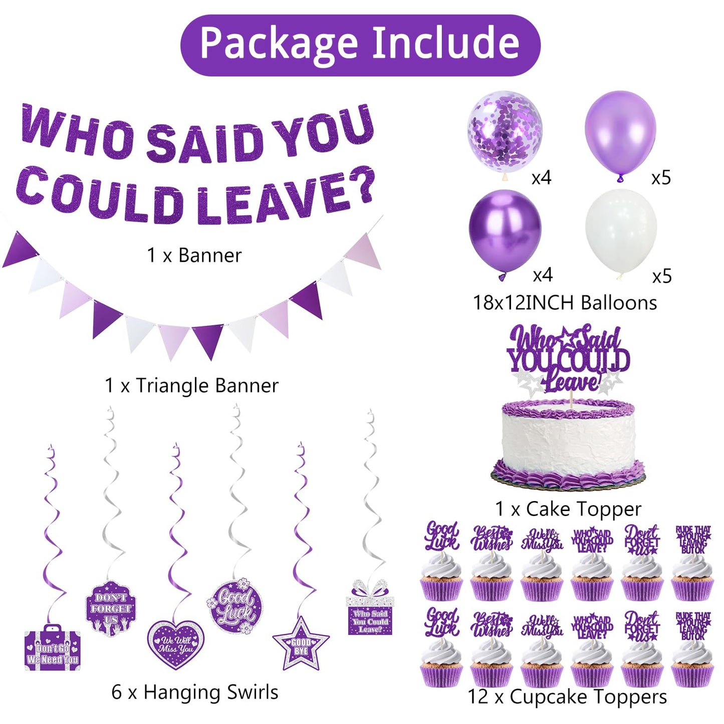 Roetyce Farewell Party Decorations, Purple Silver Who Said You Could Leave Banner Cake Toppers Balloons Hanging Swirls, Going Away Retirement Leaving Party Decorations, Coworker Goodbye Party Supplies