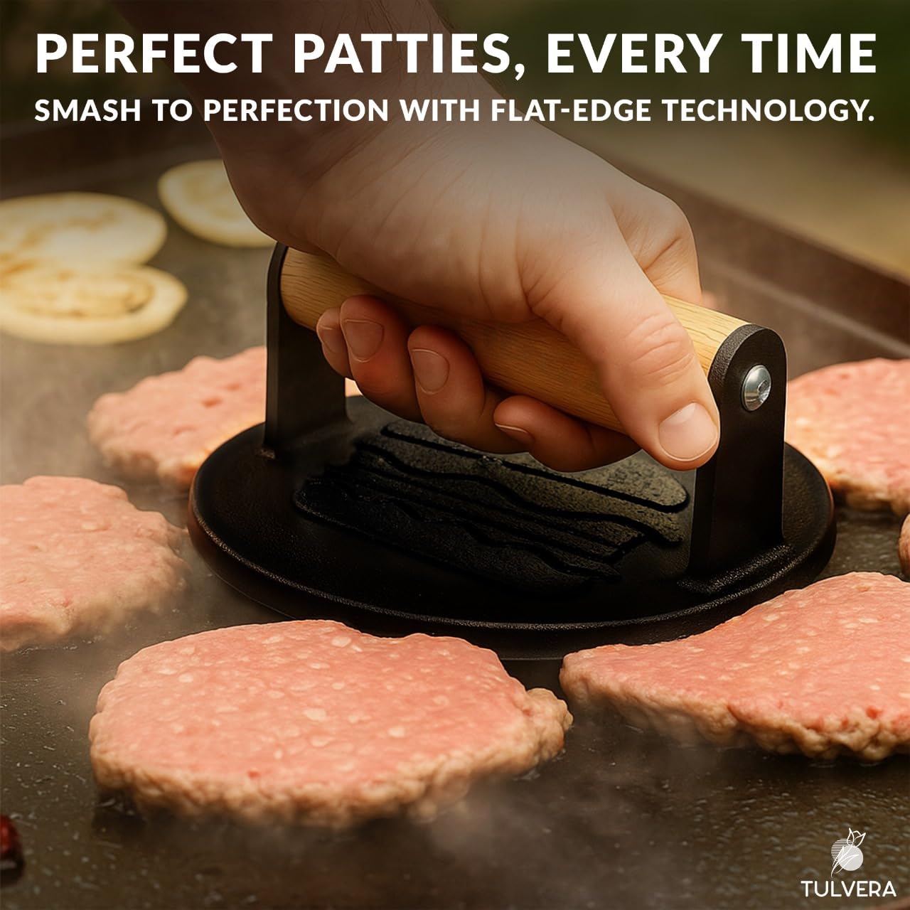 Tulvera Smash Burger Press | Cast Iron Hamburger Smasher Tool | Flat-Edge Meat Press for Hamburgers, Bacon, Outdoor Kitchen | Griddle & Grilling Accessories | Pre-Seasoned | 6.1”