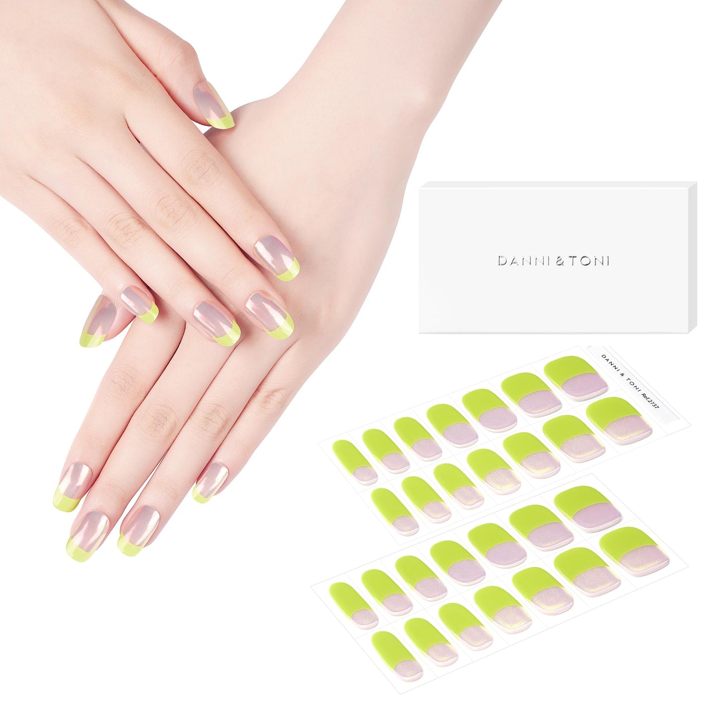 DANNI & TONI Semi Cured Gel Nail Strips Neon Green French Tips Aurora Gel Nail Wraps Mirror Nails 28 Stickers | Neon Petal