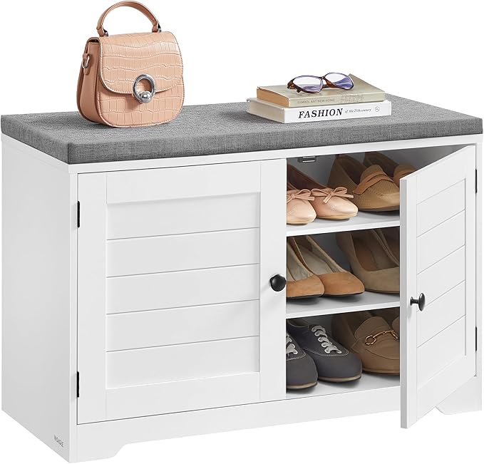 VASAGLE Shoe Storage Bench with Cushion, 3-Tier Entryway Bench with Padded Seat, Doors, Adjustable Shelves, 14 x 31.9 x 20.7 Inches, for Hallway, Bedroom, Cloud White and Dove Gray ULSB034W01