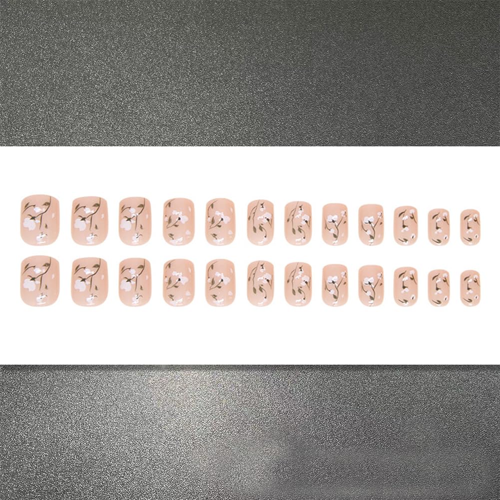 24Pcs Spring Summer Press on Nails - Pink Short Square False Nails With Floral Design Artificial Nails Acrylic Full Cover Fake Nail Kit Flower Stick on Nails For Women And Girls