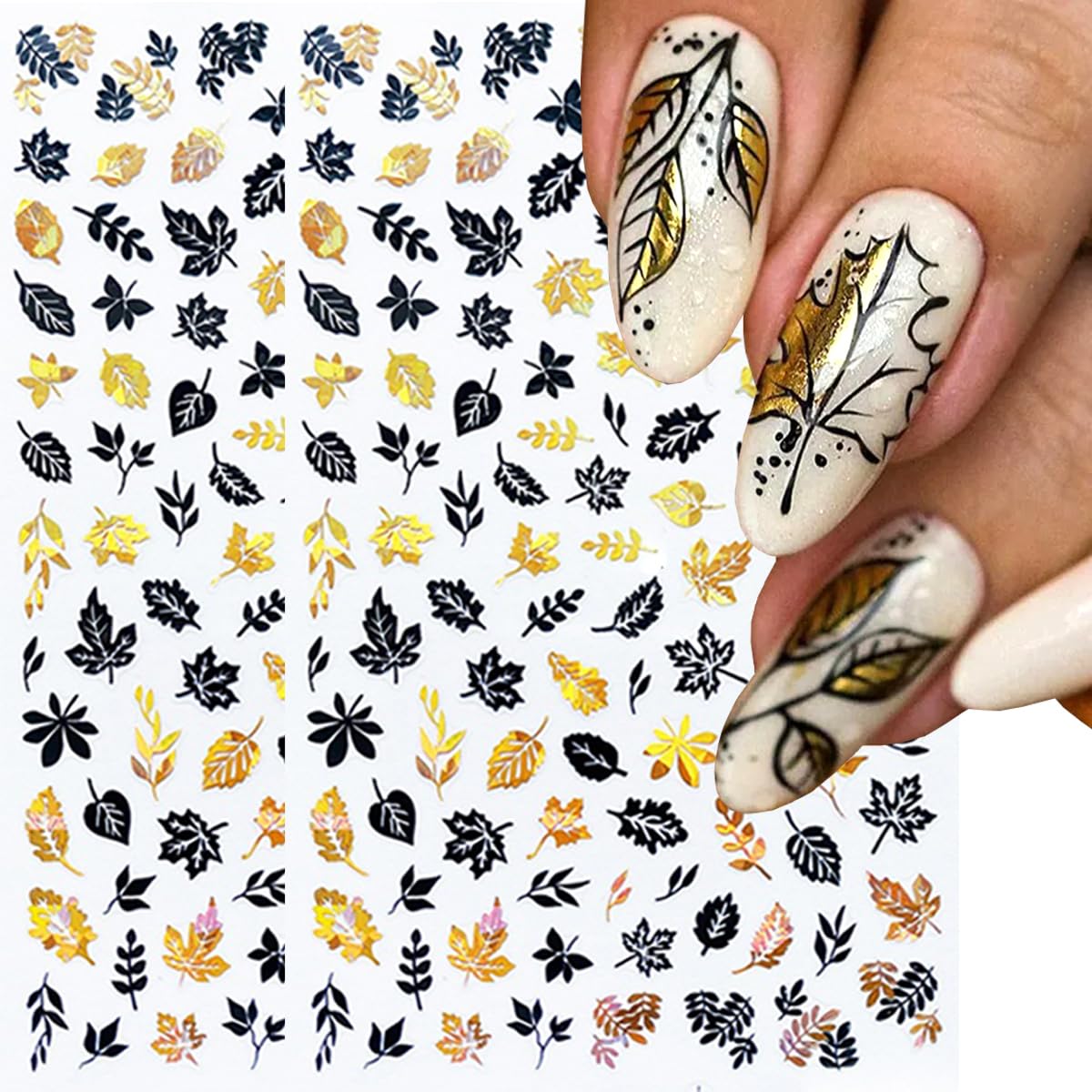 8Sheets Gold Maple Leaf Nail Stickers - 3D Fall Holographic Autumn Nail Art Sticker Maple Leaves Design Foils Laser Shiny DIY Thanksgiving Day Manicure Accessories