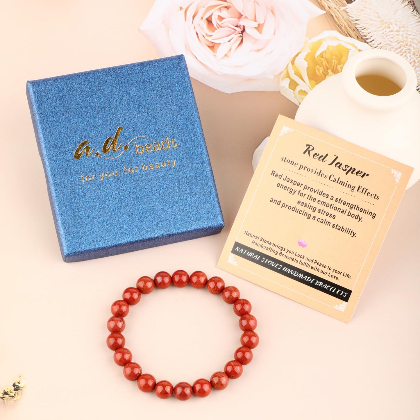 AD Beads 6mm Handmade Red Jasper Elastic Bracelet – Natural Gemstone for Stone provides Calming Effects – Meditation, Yoga, Healing and Energy Gift for Men Women