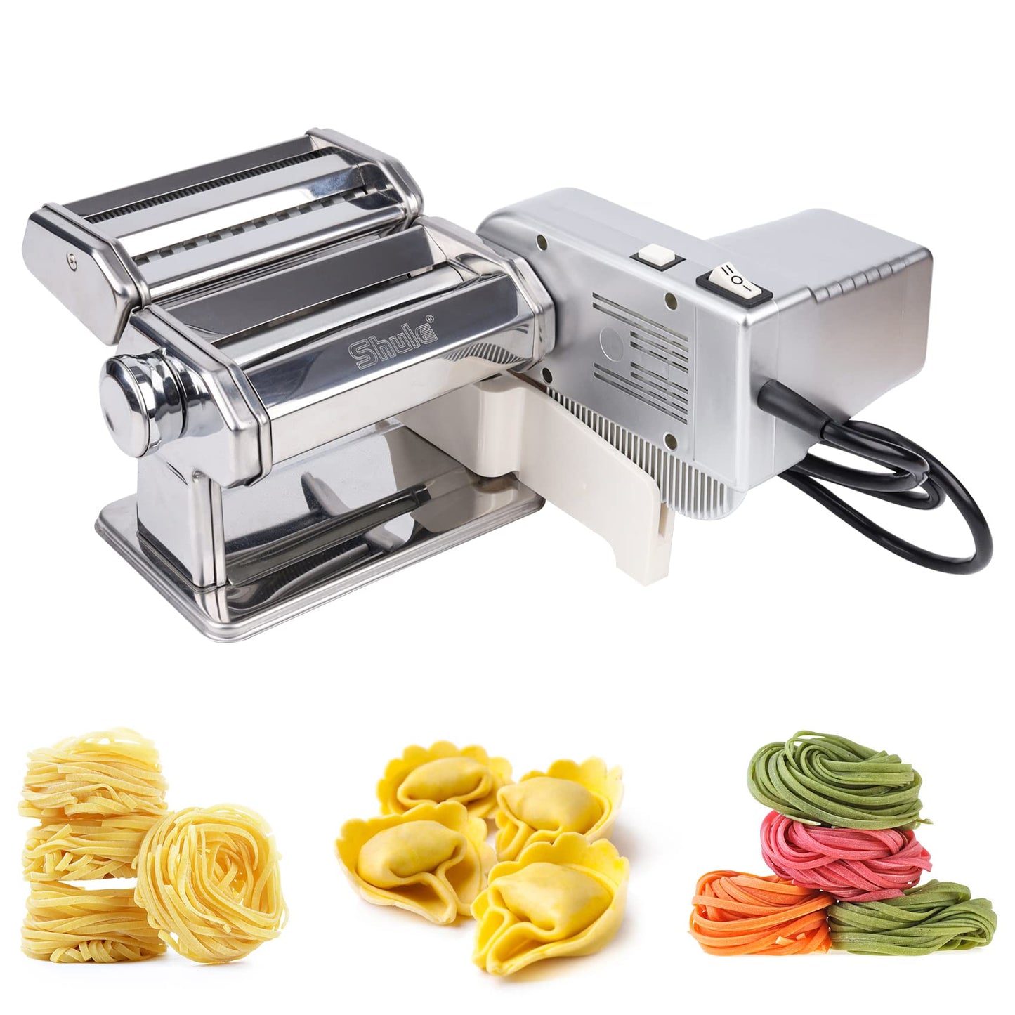 Shule Electric Pasta Maker with Motor Automatic Pasta Machine with Hand Crank and Multifunctional Rollers