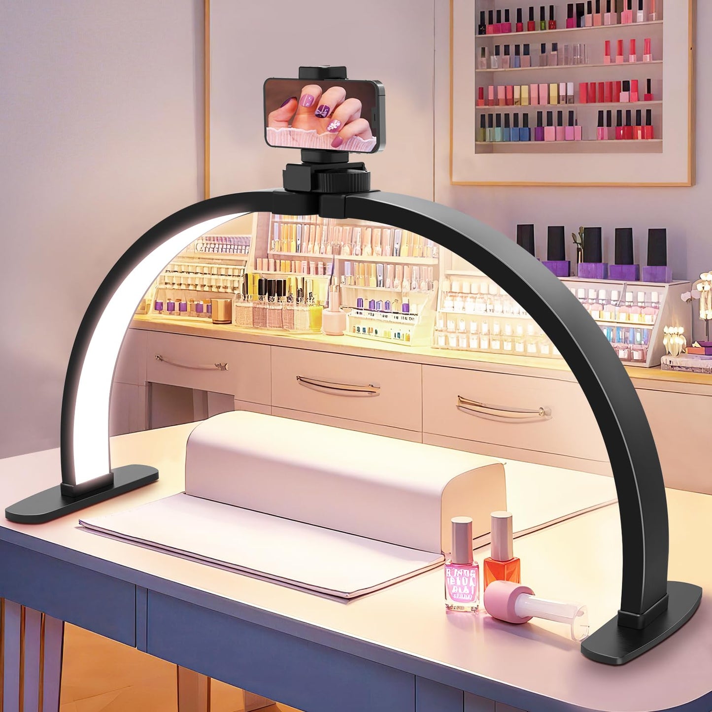 Half Moon Light for Nail Desk: 29in LED Arch Nail Tech Table Lamp with Phone Holder - Salon Professional Desk Light 3 Color Modes & 10 Brightness Lighting for Manicure Technician Use（Black,Large）