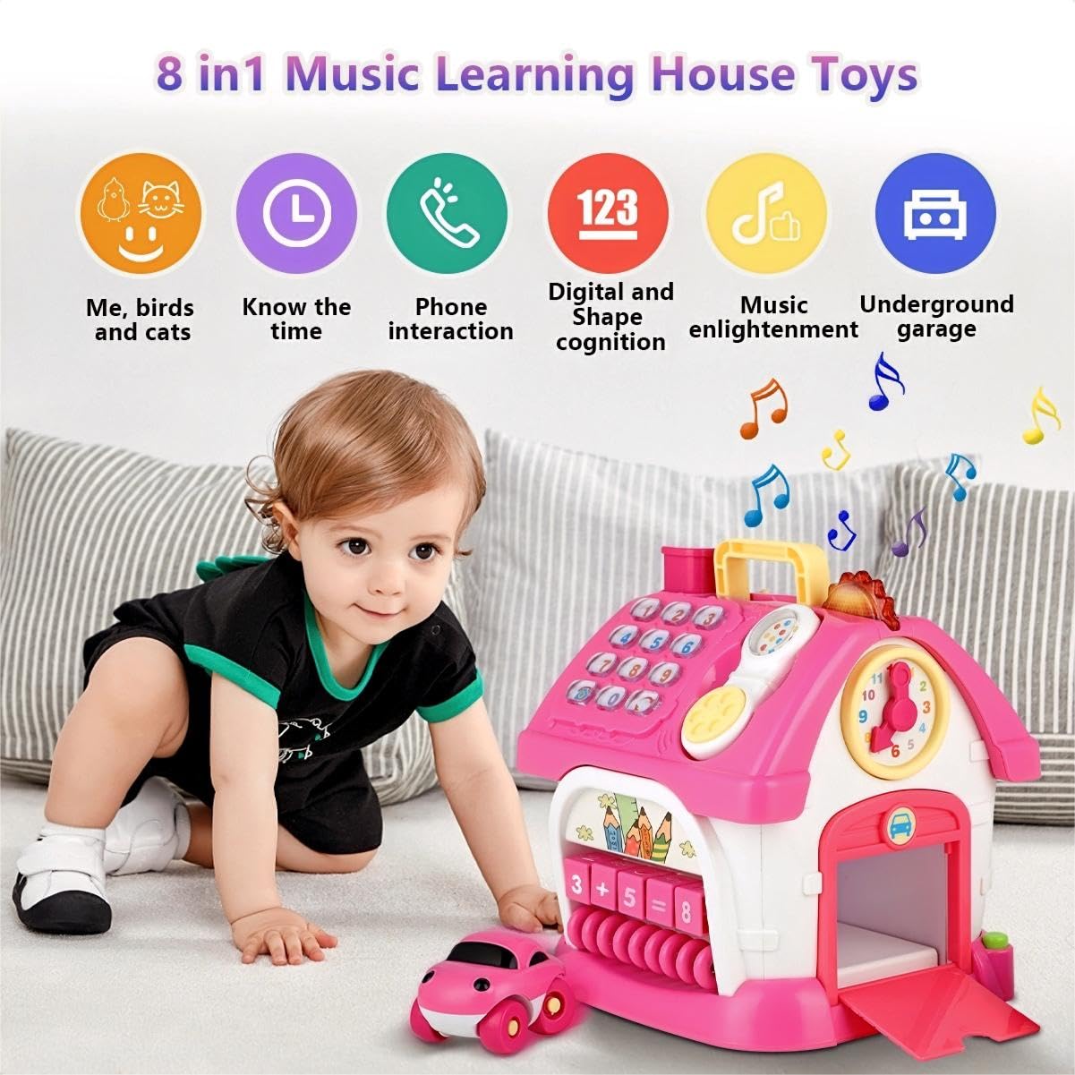 OKREVIEW Montessori 8-in-1 Bilingual Musical Activity House | EN/ES Learning Toy with Volume Control & Travel Handle | Develops Fine Motor Skills for 1-3 Year Old Toddlers & First Birthday Gift