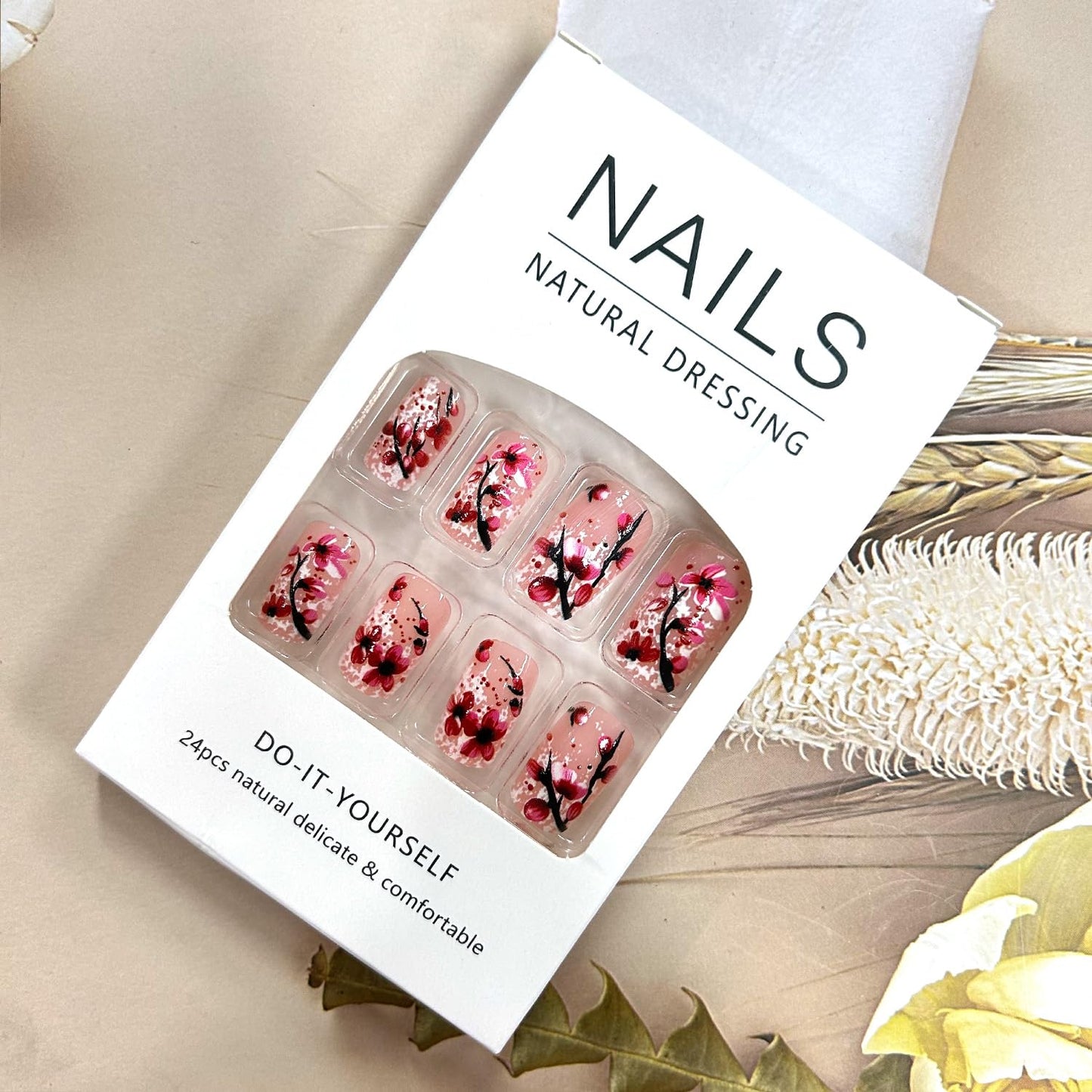 Flower Press on Nails Medium Square Nails Pink False Nails Artificial Coffin Nails Glitter Powder Design French Stick on Nails Full Cover Spring Fake Nails Acrylic Glossy Glue on Nails for Women