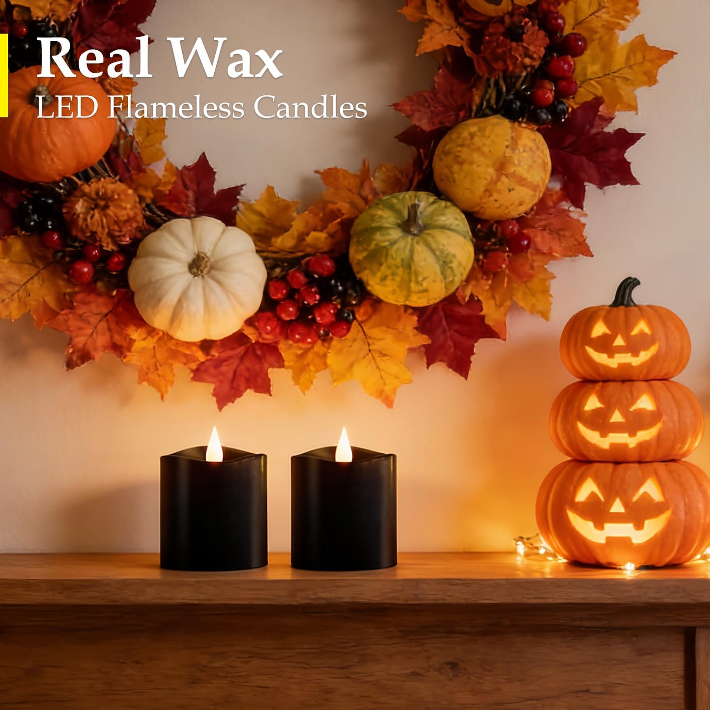 Woocodowe Black Flameless LED Candles, Black Battery Operated Candles with Remote Timer, 3"x3" Real Wax 2-Pack, 3D Flickering Flame Last 600+ Hours, Ideal for Halloween Christmas Gothic Home Decor