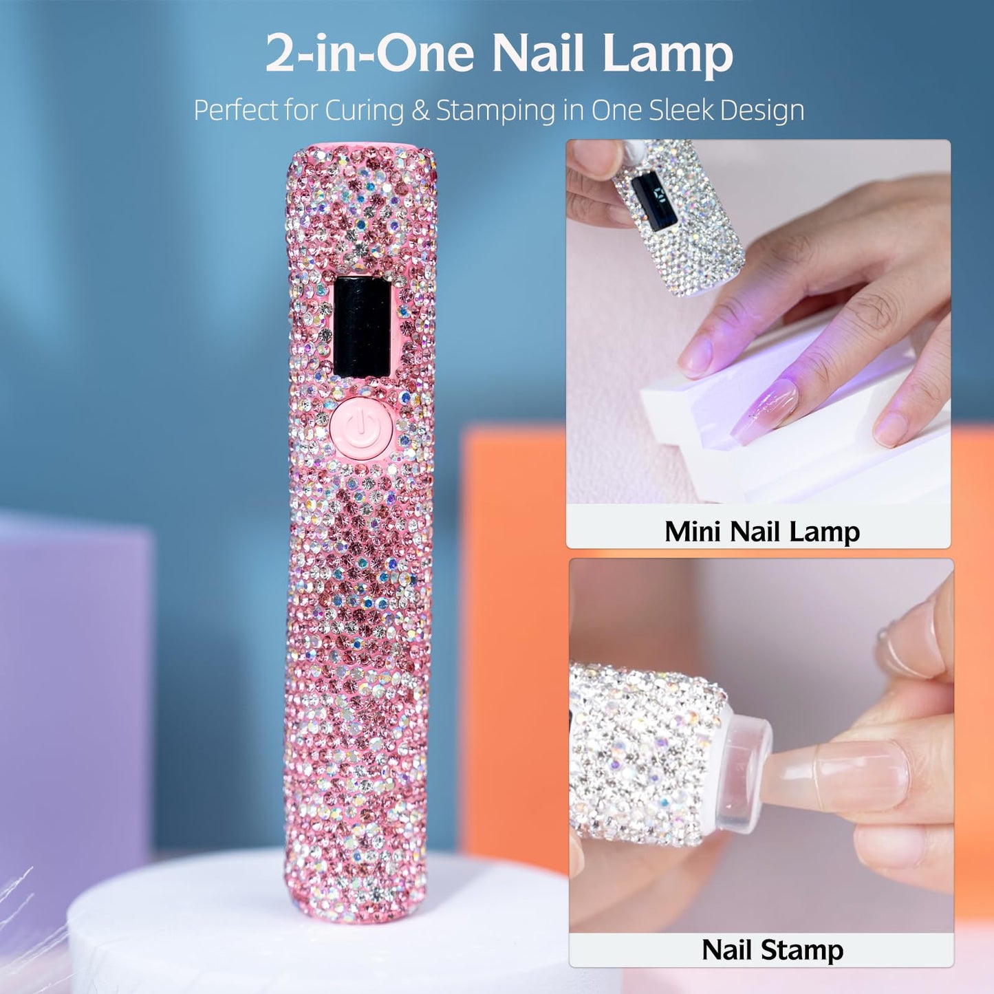 keeyada 3W Portable LED Nail Lamp with Sparkly Rhinestones, Handheld UV Light, Wireless Rechargeable USB Nail Dryer with Silicone Stamper, LCD Display Screen for Fast Curing Home DIY Manicure Pink