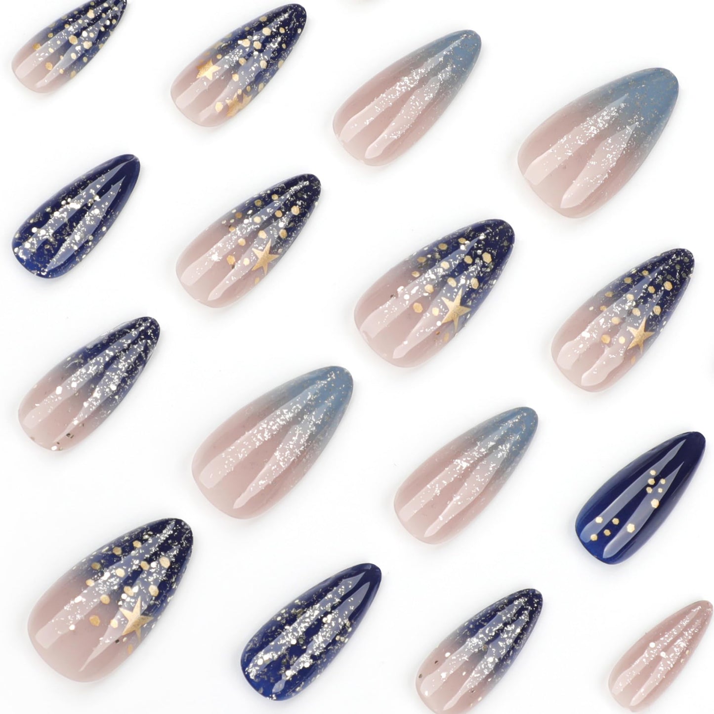 XZMeiLun Spring Fake Acrylic Press On Nails – Starry Sky Designer False Nails Medium Almond, Salon Quality, Glossy Reusable Stick-On Nails for Weddings, Outdoor Picnics & Parties | Gift for Women