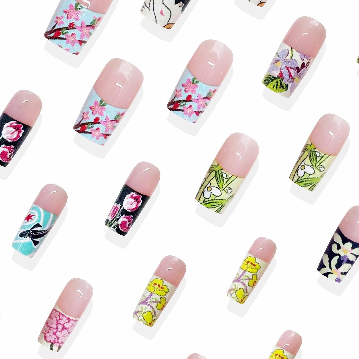 MISUD Press on Nails - Long Square Fake Nails with Colorful Flower, Acrylic French Tip Design 24 pcs
