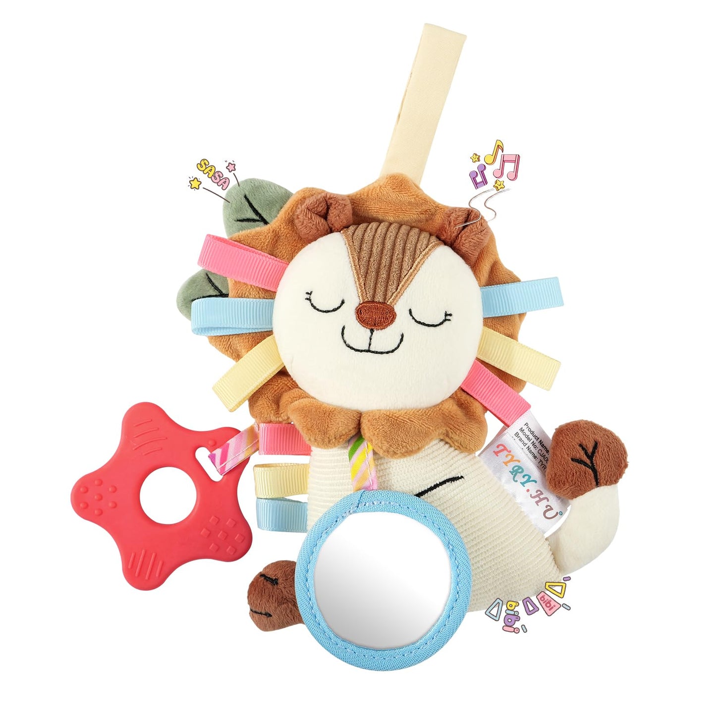 TYRY.HU Car Seat & Stroller Activity Toy,Soft Plush Cot Hanging Toy, Baby Rattle Toy with Strap,Developmental Sensory Toy-Textured Ribbons&Teether&Mirror&Crinkle Sounds for Infants 0 3 6 12 Months