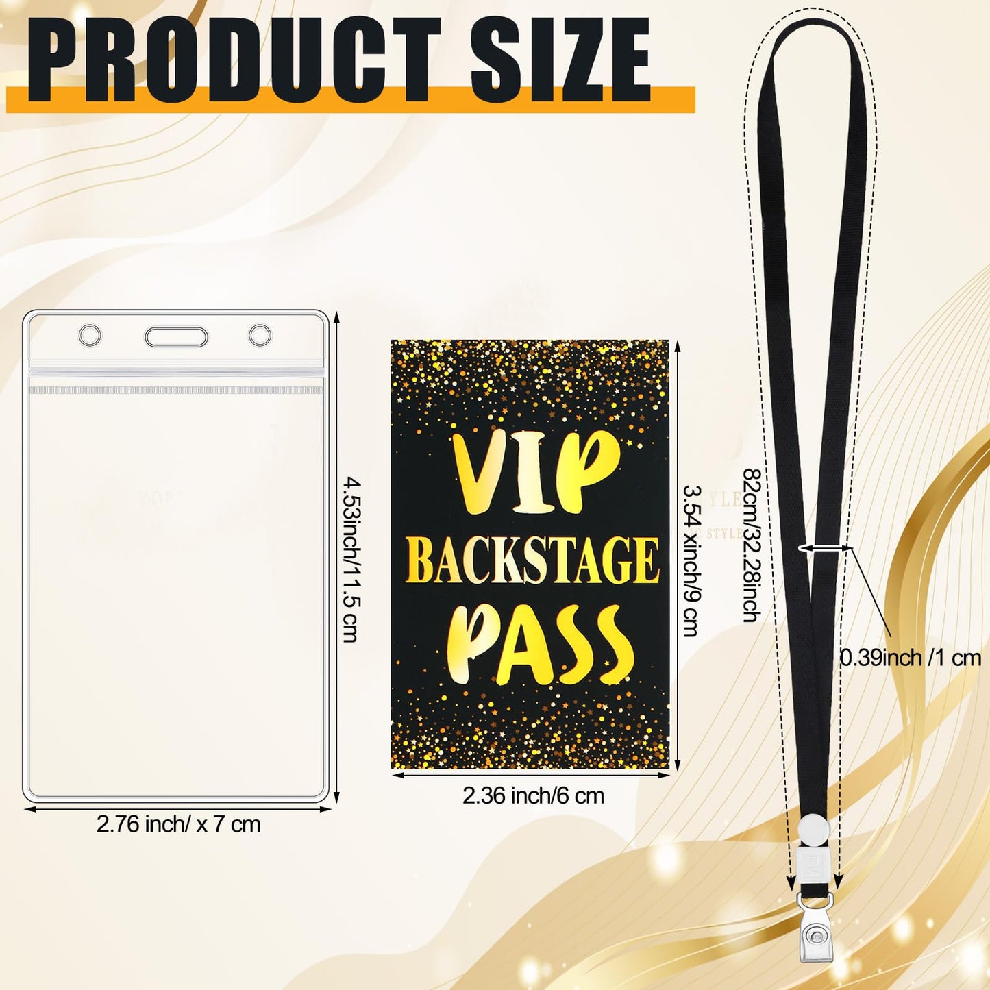 Gueevin 50 Sets VIP Badge Lanyards with Plastic VIP Pass Cards Black and Gold Pass Cards Safety Clear Plastic Badge Holder Black Lanyards for Backstage Party Concert Event