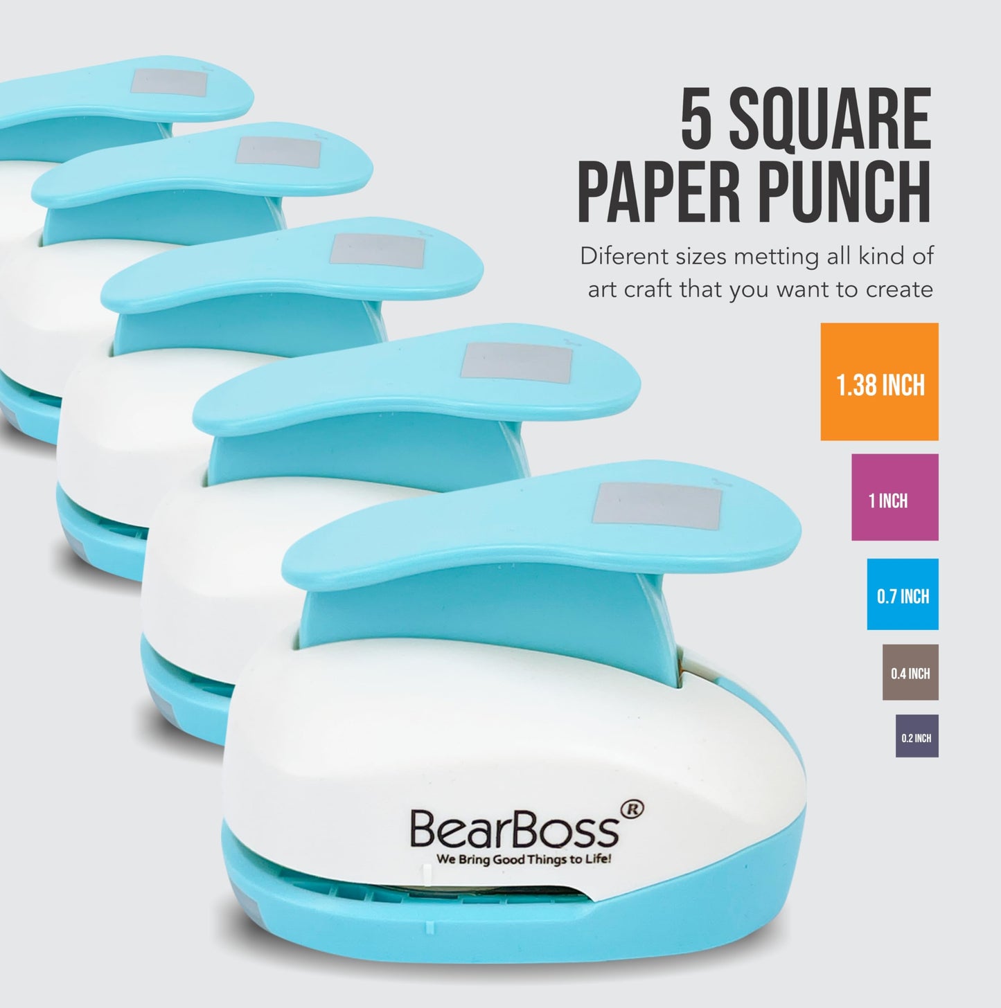 BearBoss 5 Square Paper Punch Set, Different Sizes, Scrapbooking Crafting Tool, Classic White