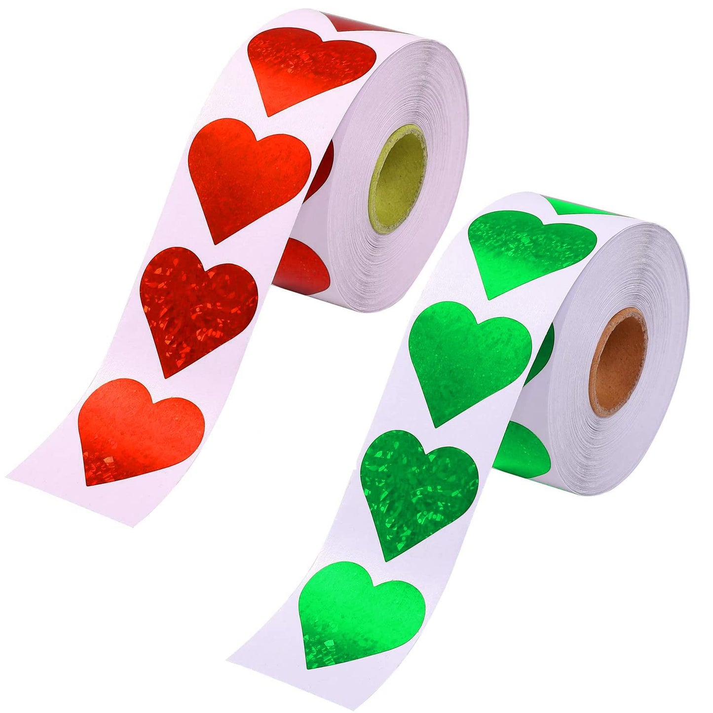 1.5" Glitter Red Heart Stickers and 1.5" Glitter Green Heart Stickers, 2 Roll 1000 Piece