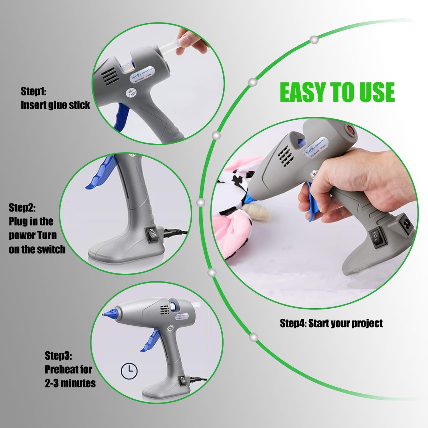 MONVICT Full Size Hot Glue Gun with 7 Copper Nozzles,120W Dual Temperature Switching, 3 Silicone Finger Covers, Corded Detachable Cord Use Stand-Up Base Anti-drip for Art DIY Craft repair