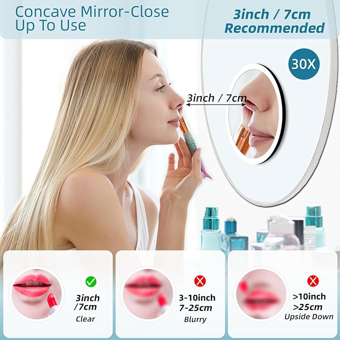 30x Magnifying Mirror With Light, Large 6" Rechargeable Lighted With Suction Cups & Table Stand, 3 Color Modes Dimmable Light up Travel Makeup High Magnification