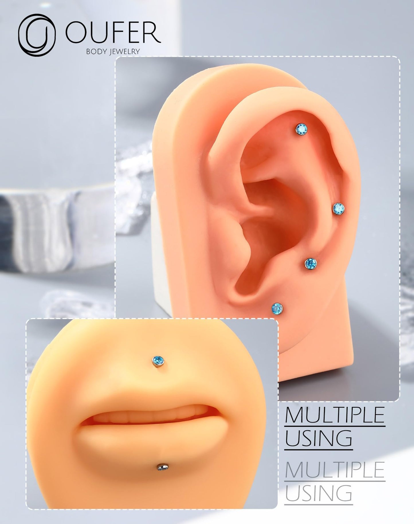 OUFER Titanium Threadless Labret Stud 16G for Conch, Helix, Tragus, Medusa – 6mm Push-in Flat Back Piercing Jewelry with 3mm CZ, Skin-Friendly Design