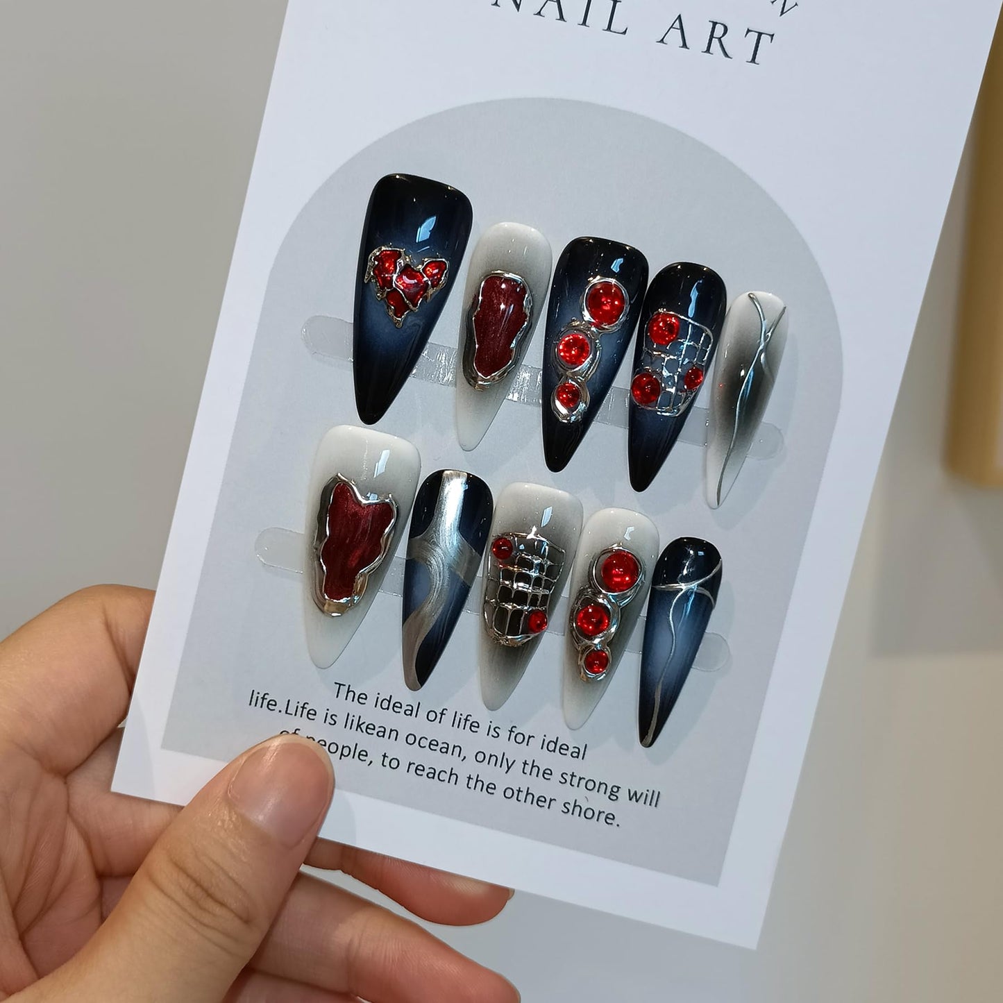 TENPAL Halloween Vampire Nails,Gothic Press On Nails Long Stiletto With Tools,Black Dark Ombre Fake Nails with Red Gems,10Pcs Hand-Painted Glossy Acrylic Glue on Nails for Women Parties Events(XS)